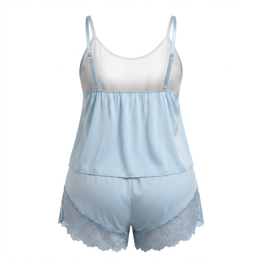 Sky Blue Plus Size Lace Trim Camisole And Shorts Set - Marelia