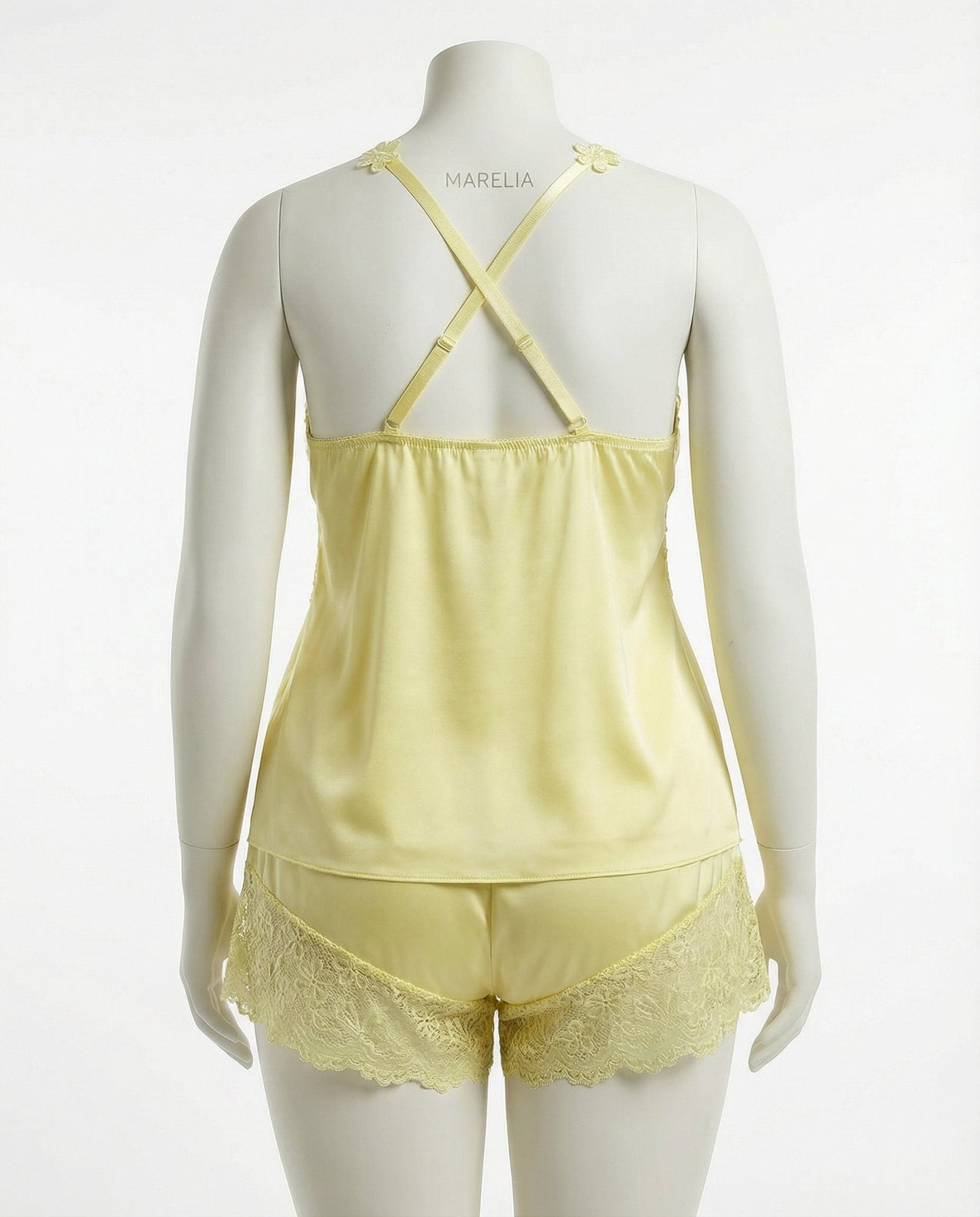 Yellow Plus Size Lace Trim Camisole And Shorts Set - Marelia