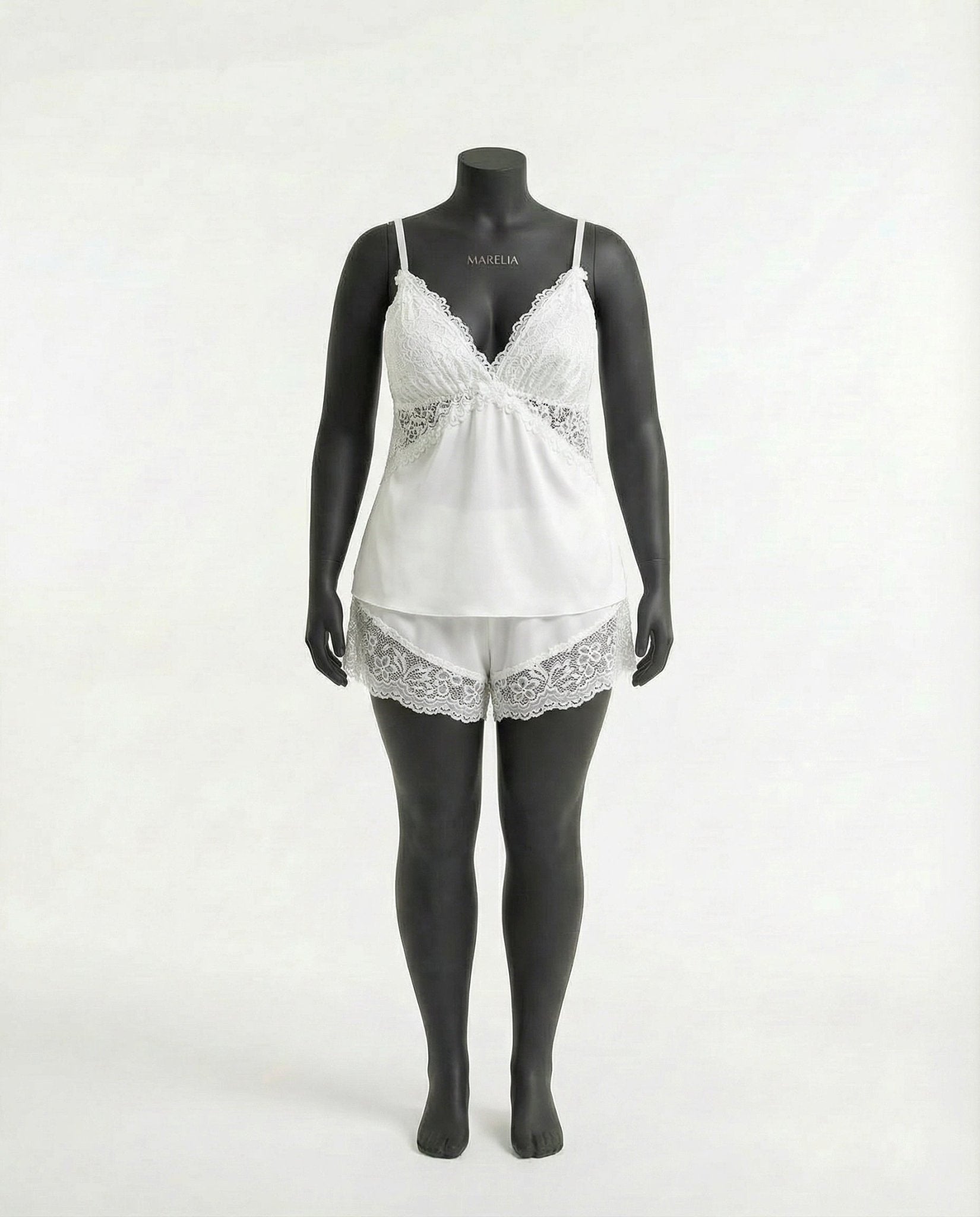 White Plus Size Lace Trim Camisole And Shorts Set - Marelia