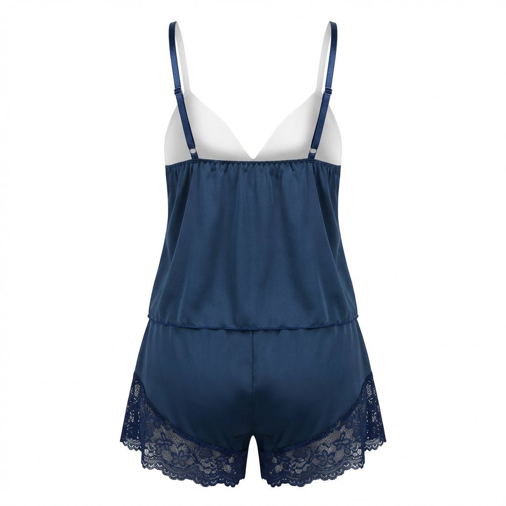 Navy Plus Size Lace Trim Camisole And Shorts Set - Marelia