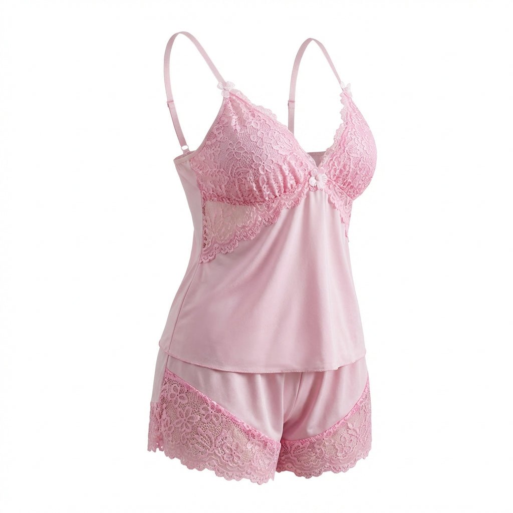 Pink Plus Size Lace Trim Camisole And Shorts Set - Marelia