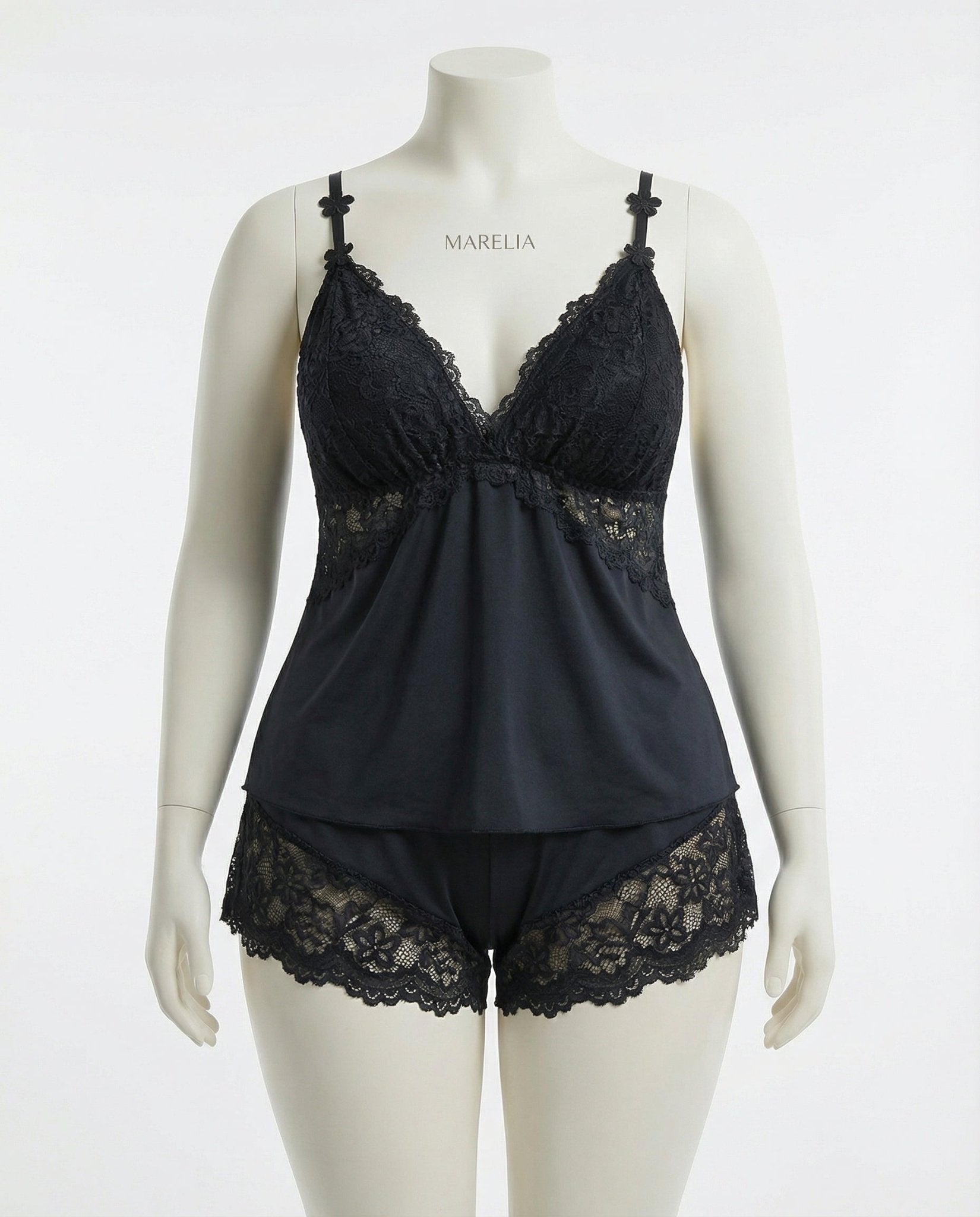 Black Plus Size Lace Trim Camisole And Shorts Set - Marelia