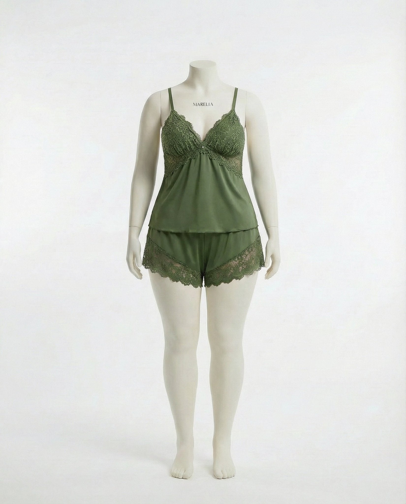 Olive Plus Size Lace Trim Camisole And Shorts Set - Marelia