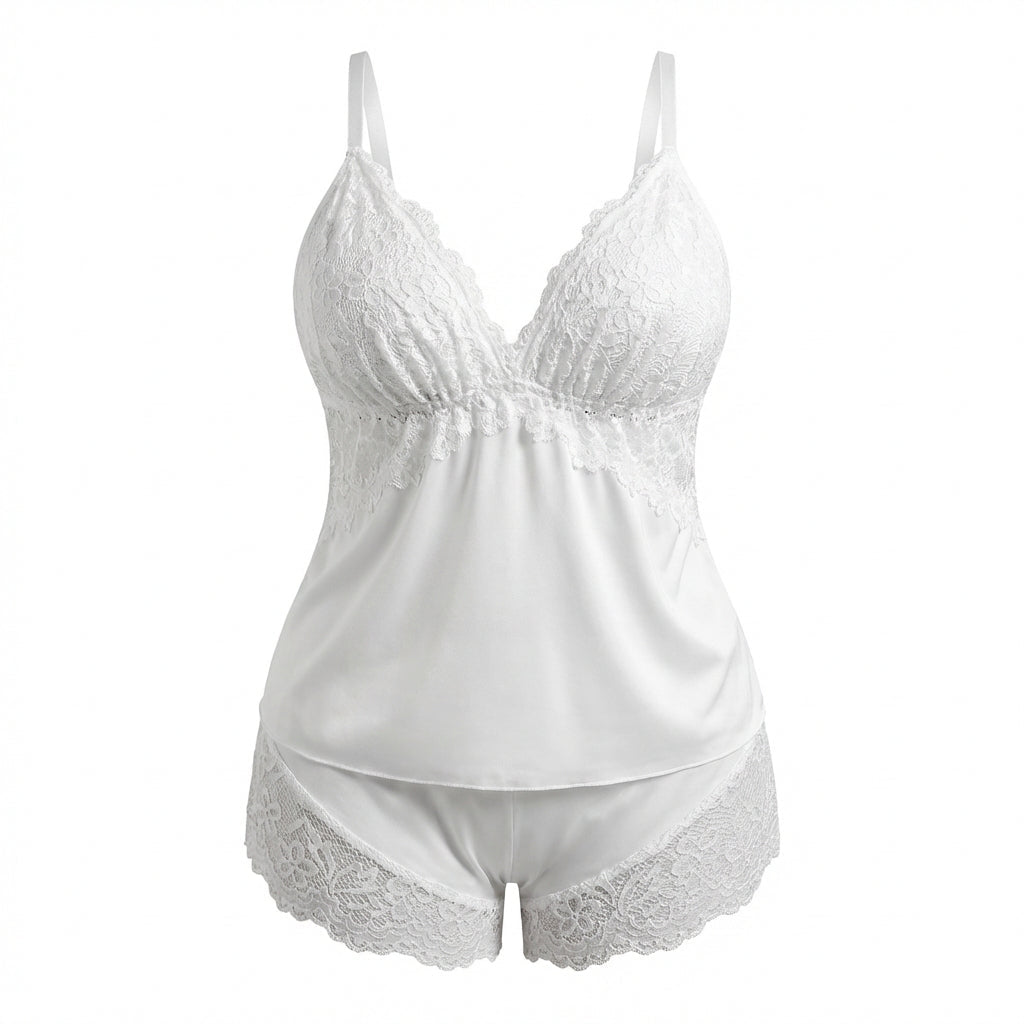 White Plus Size Lace Trim Camisole And Shorts Set - Marelia