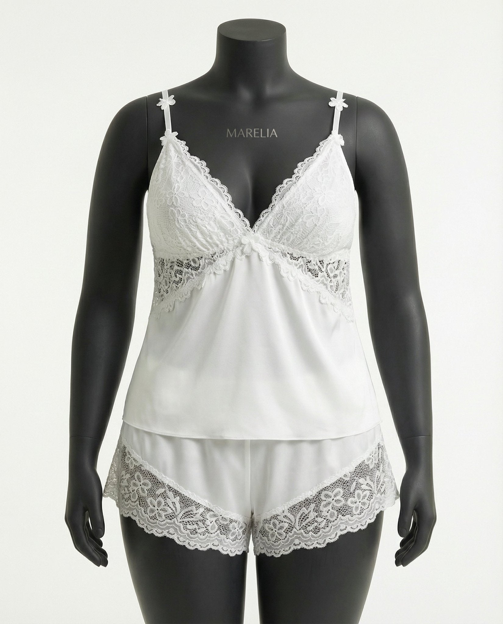 White Plus Size Lace Trim Camisole And Shorts Set - Marelia
