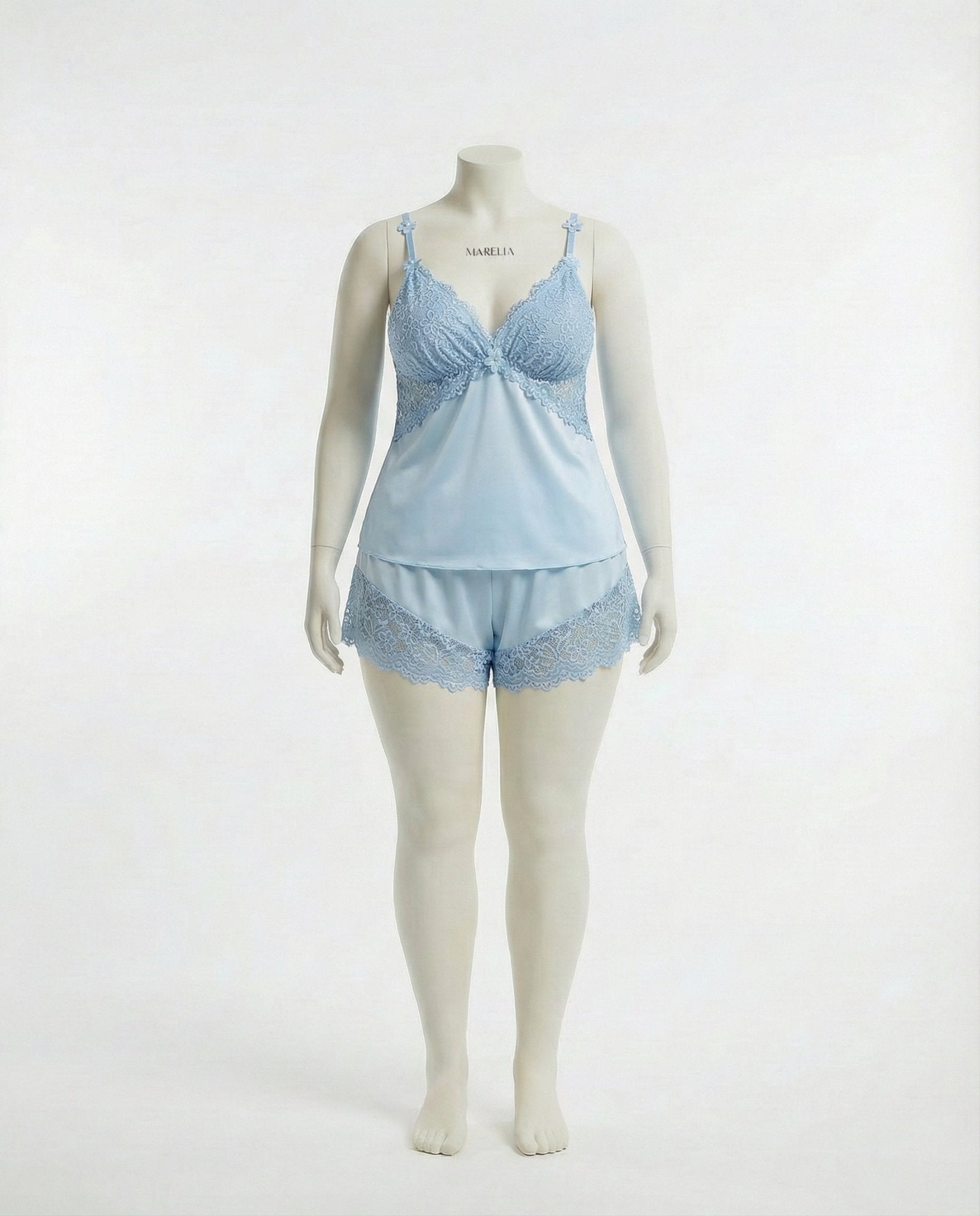 Sky Blue Plus Size Lace Trim Camisole And Shorts Set - Marelia