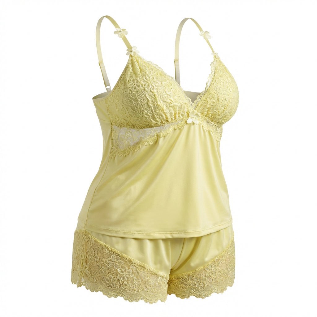 Yellow Plus Size Lace Trim Camisole And Shorts Set - Marelia