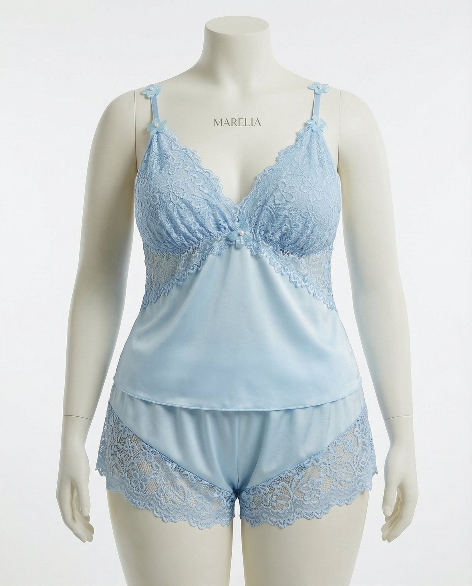 Sky Blue Plus Size Lace Trim Camisole And Shorts Set - Marelia