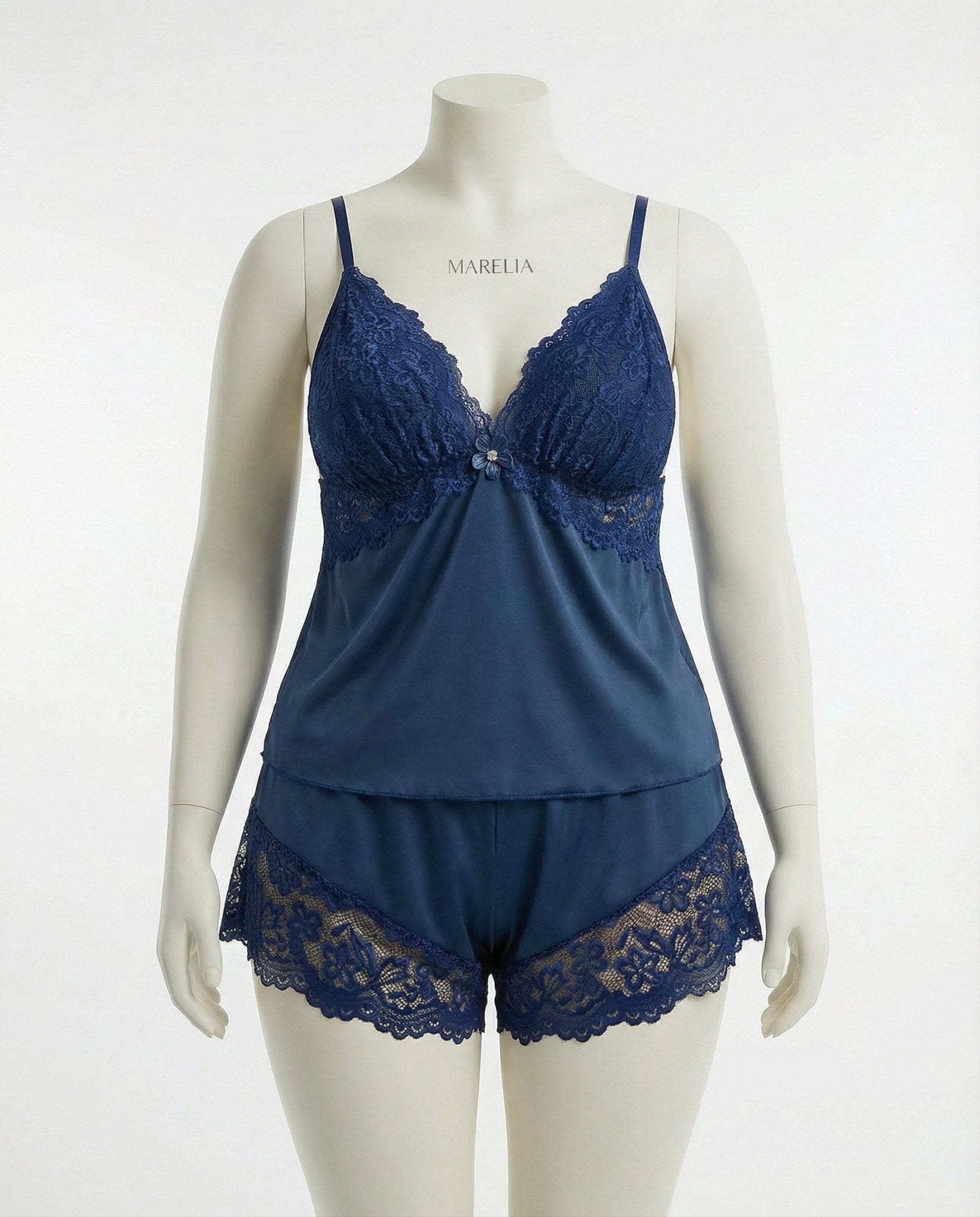 Navy Plus Size Lace Trim Camisole And Shorts Set - Marelia