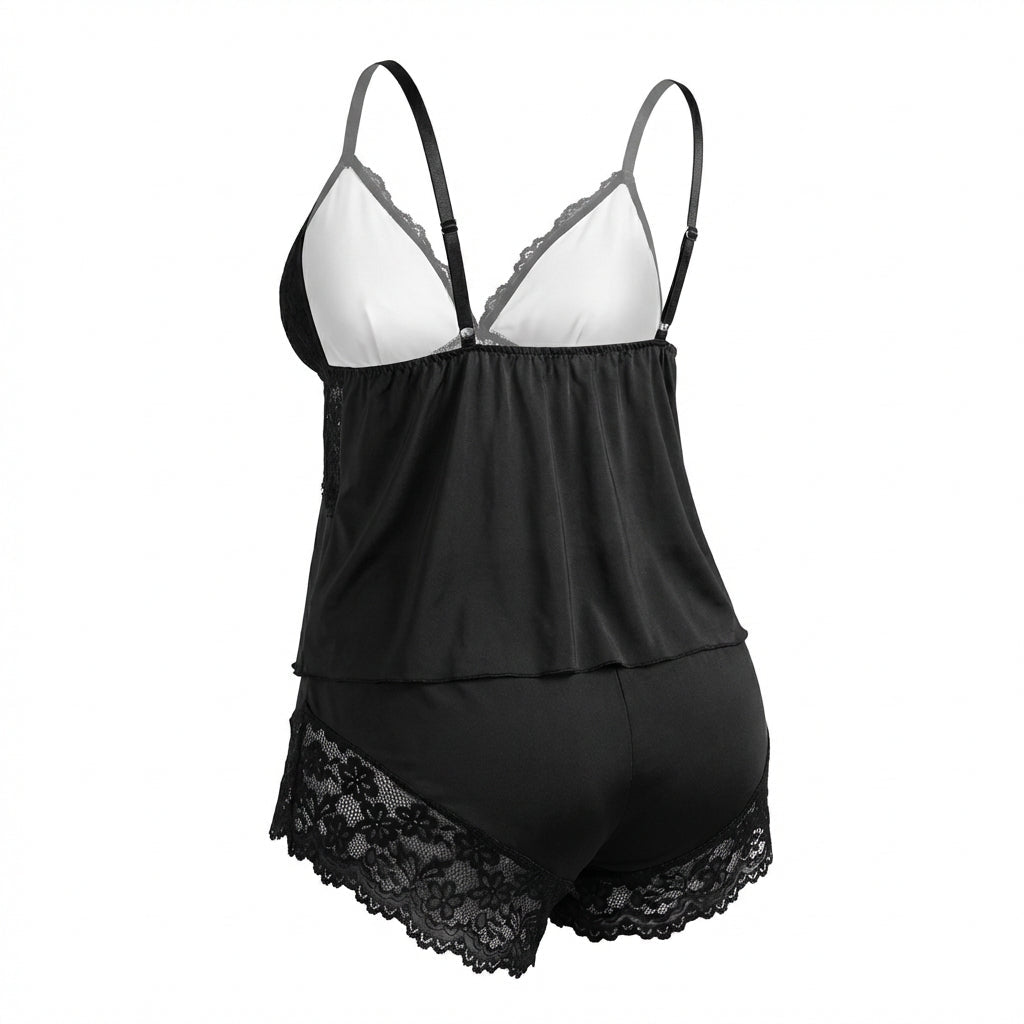 Black Plus Size Lace Trim Camisole And Shorts Set - Marelia
