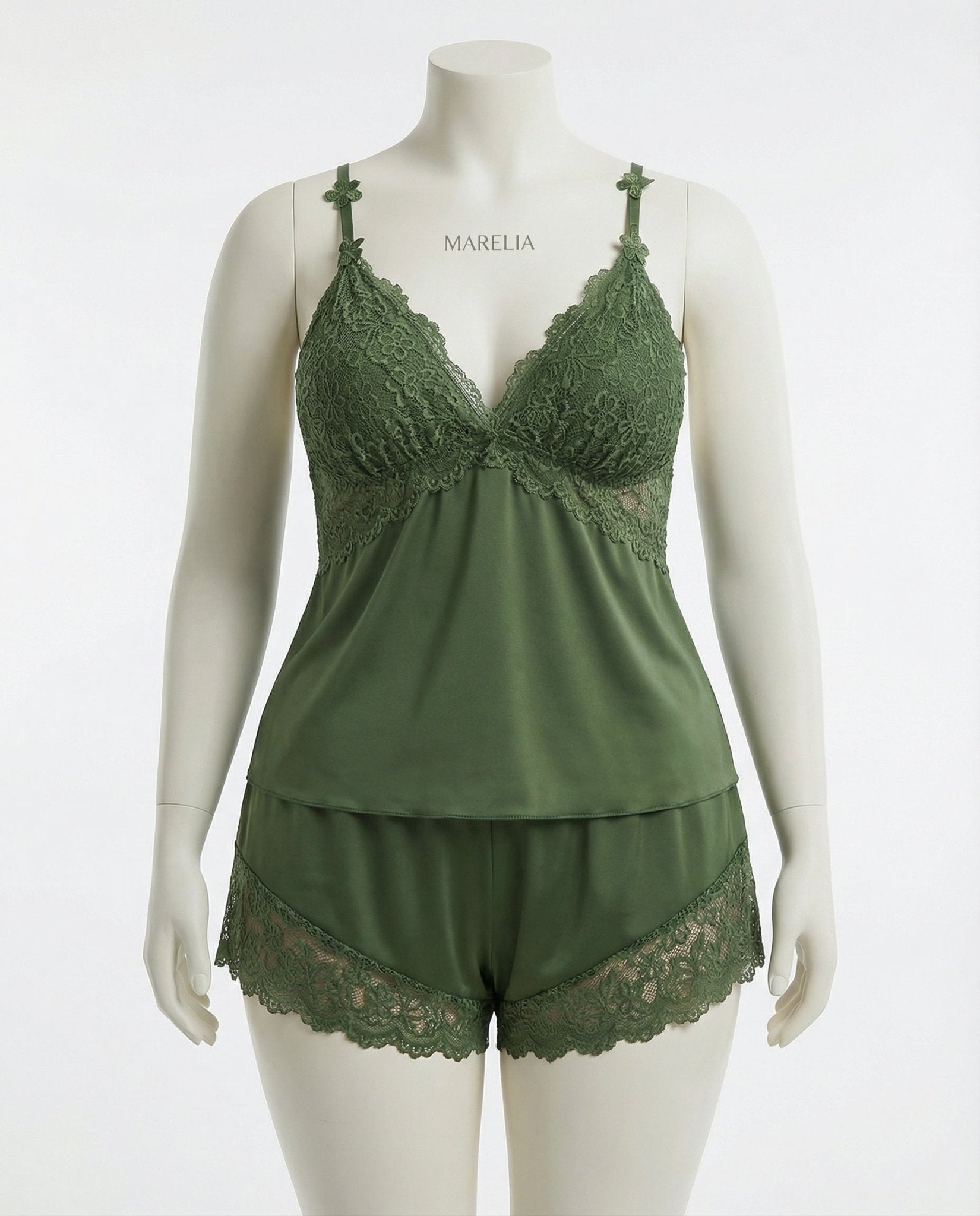 Olive Plus Size Lace Trim Camisole And Shorts Set - Marelia