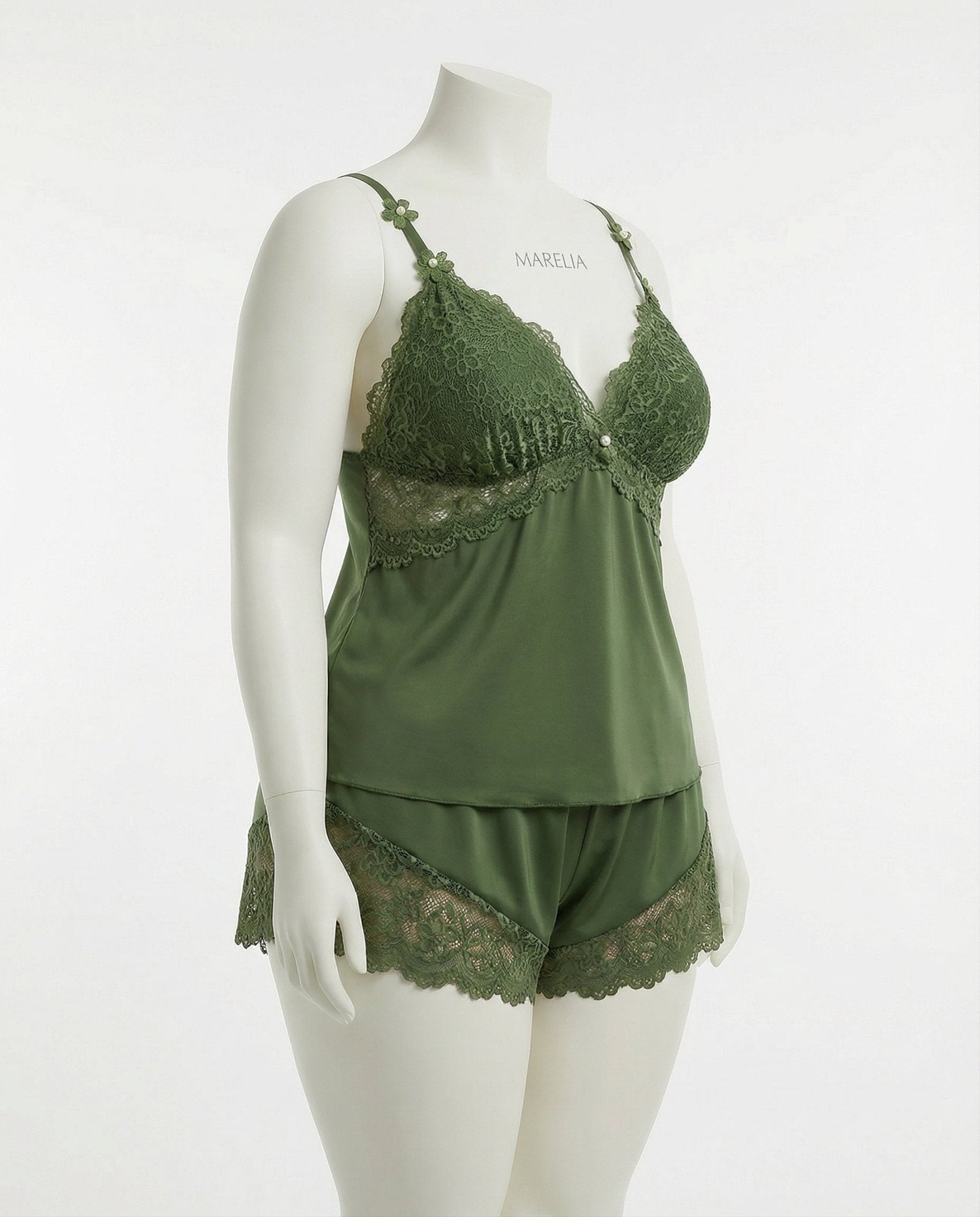 Olive Plus Size Lace Trim Camisole And Shorts Set - Marelia