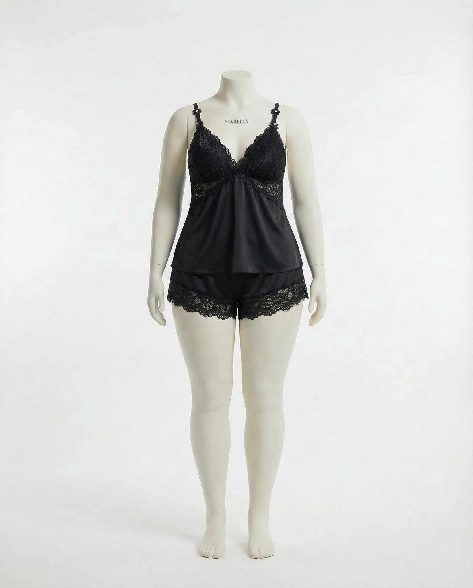 Black Plus Size Lace Trim Camisole And Shorts Set - Marelia