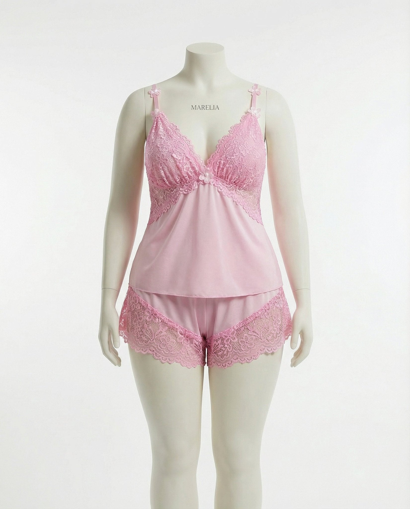 Pink Plus Size Lace Trim Camisole And Shorts Set - Marelia