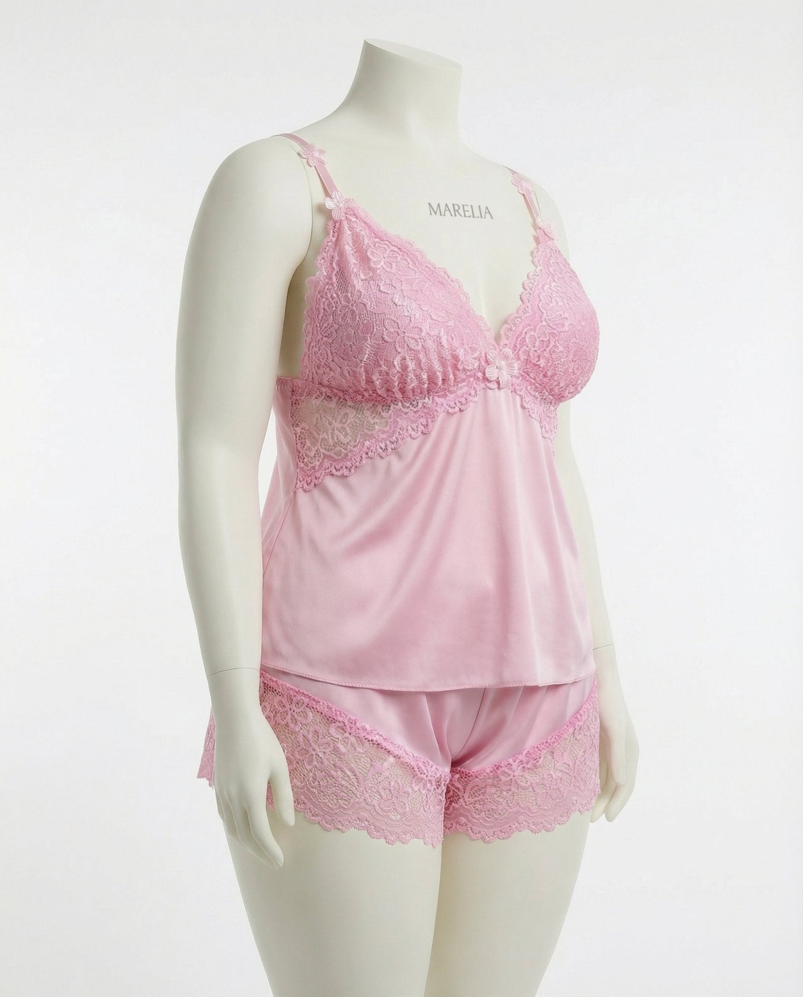 Pink Plus Size Lace Trim Camisole And Shorts Set - Marelia