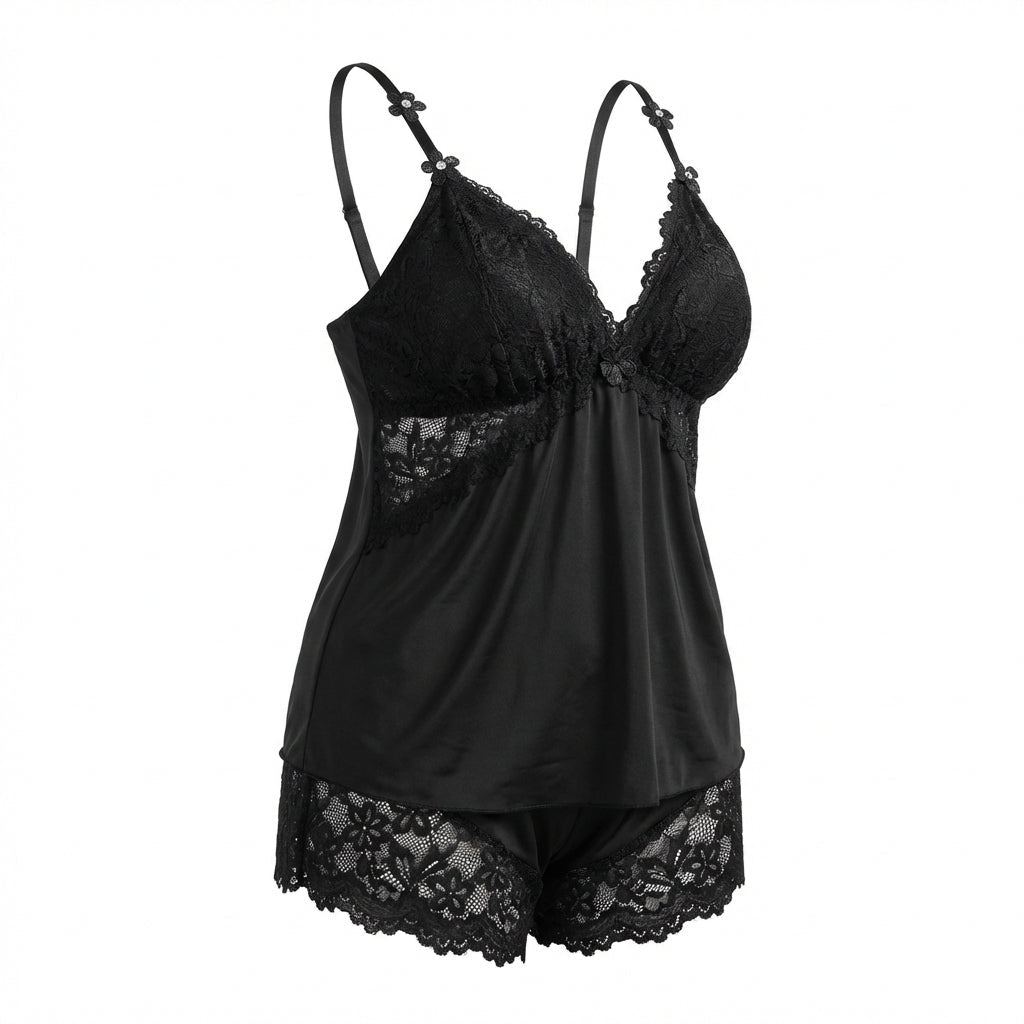 Black Plus Size Lace Trim Camisole And Shorts Set - Marelia