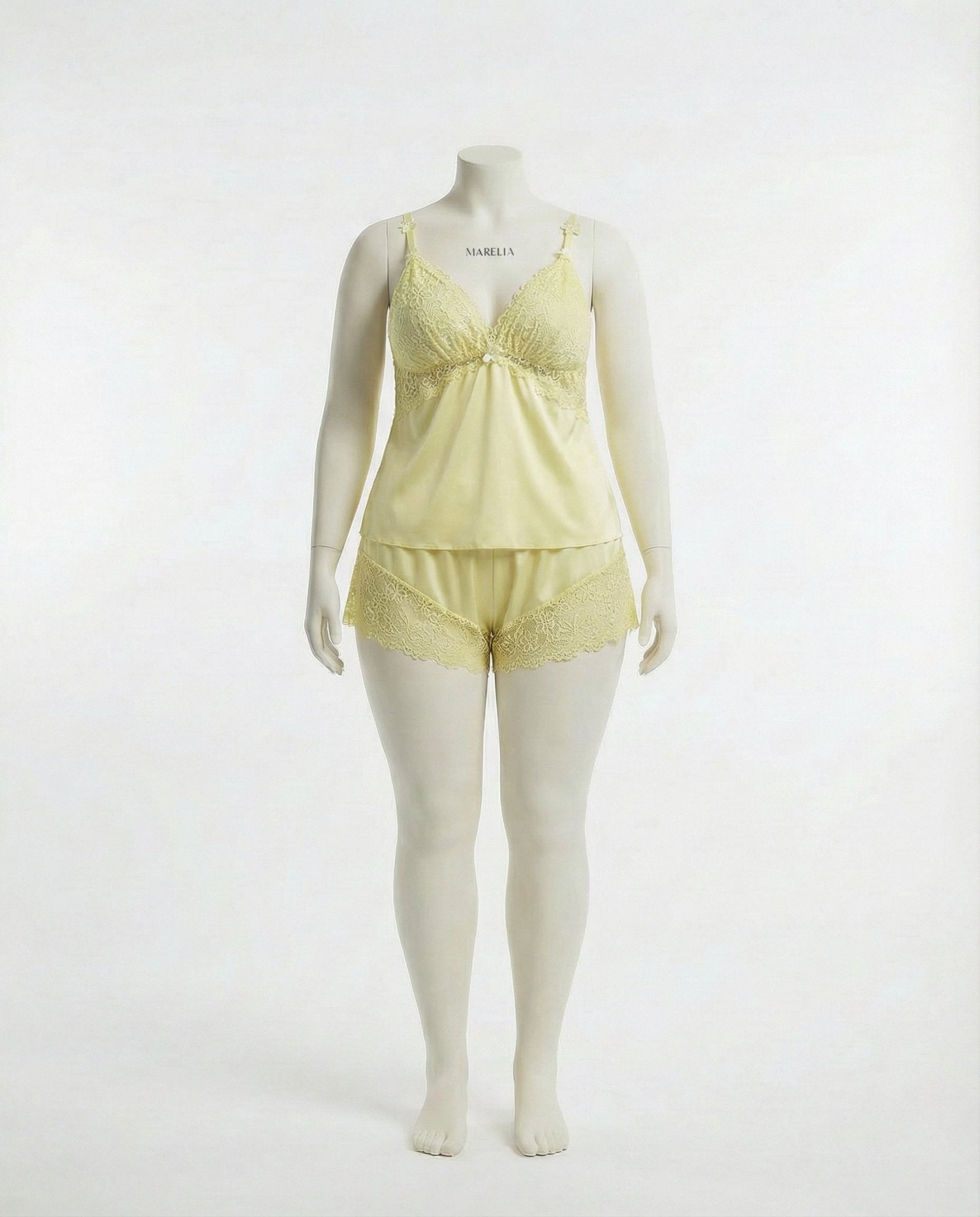 Yellow Plus Size Lace Trim Camisole And Shorts Set - Marelia