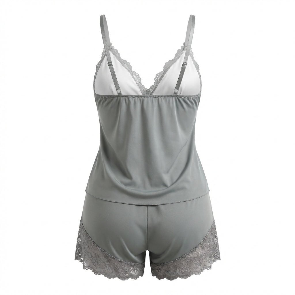 Grey Plus Size Lace Trim Camisole And Shorts Set - Marelia