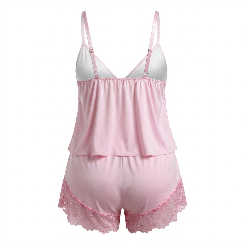 Pink Plus Size Lace Trim Camisole And Shorts Set - Marelia