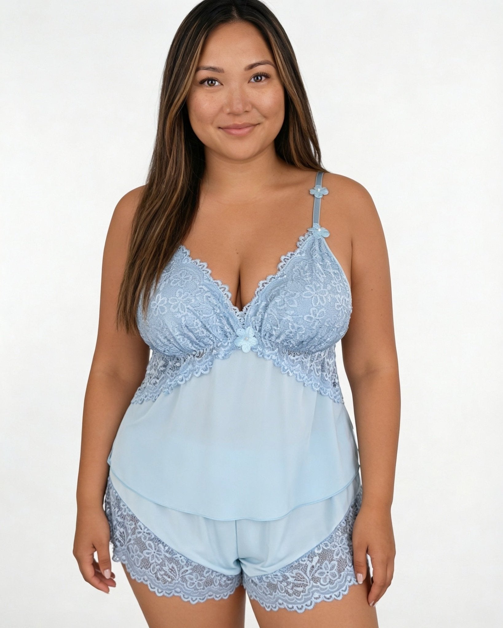 Sky Blue Plus Size Lace Trim Camisole And Shorts Set - MARELIA