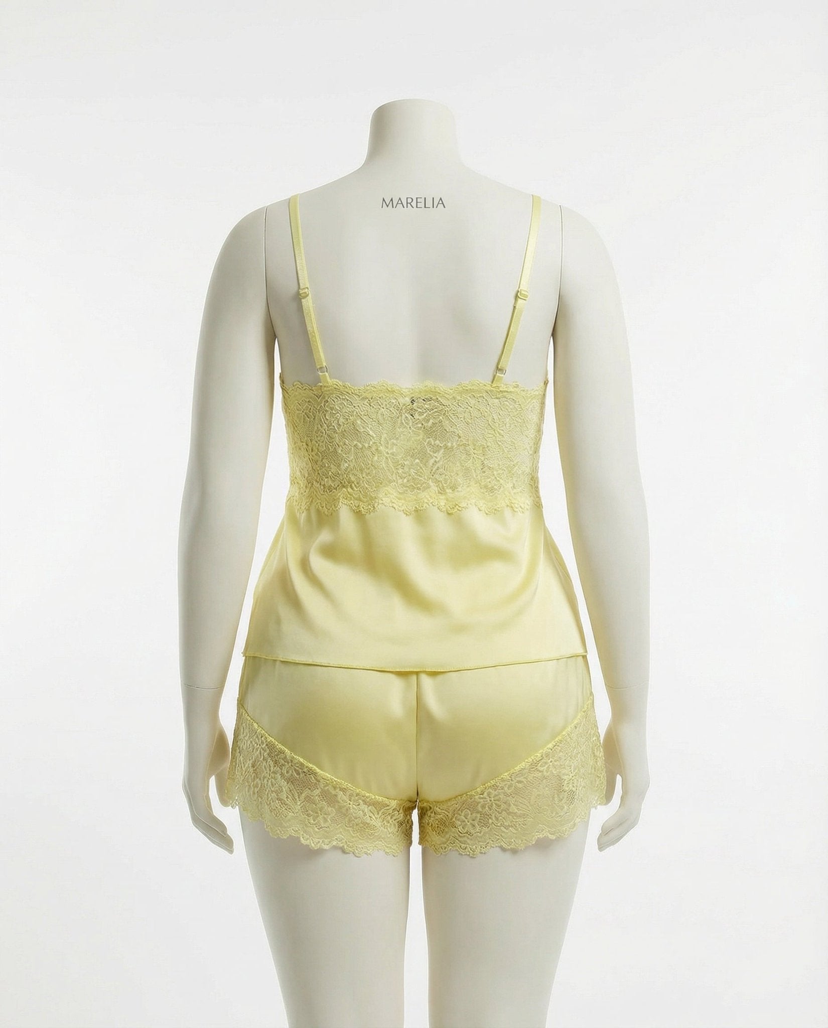 Yellow Plus Size Lace Trim Camisole And Shorts Set - Marelia