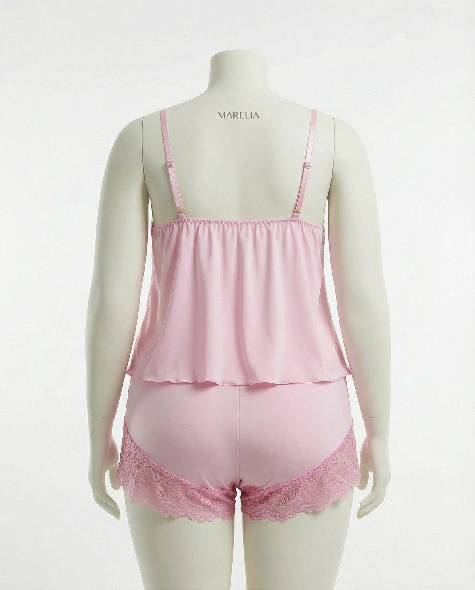Pink Plus Size Lace Trim Camisole And Shorts Set - Marelia
