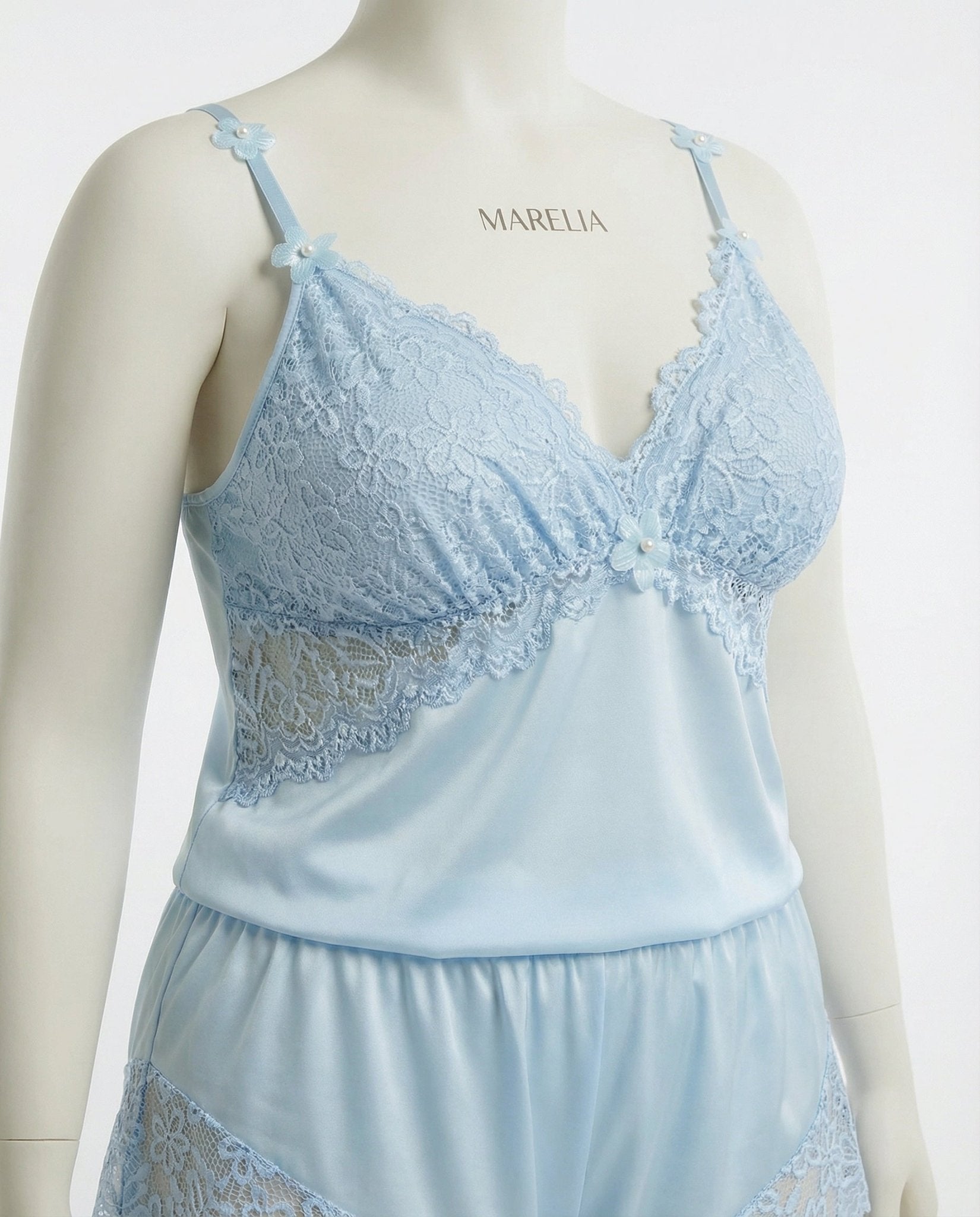 Sky Blue Plus Size Lace Trim Camisole And Shorts Set - Marelia