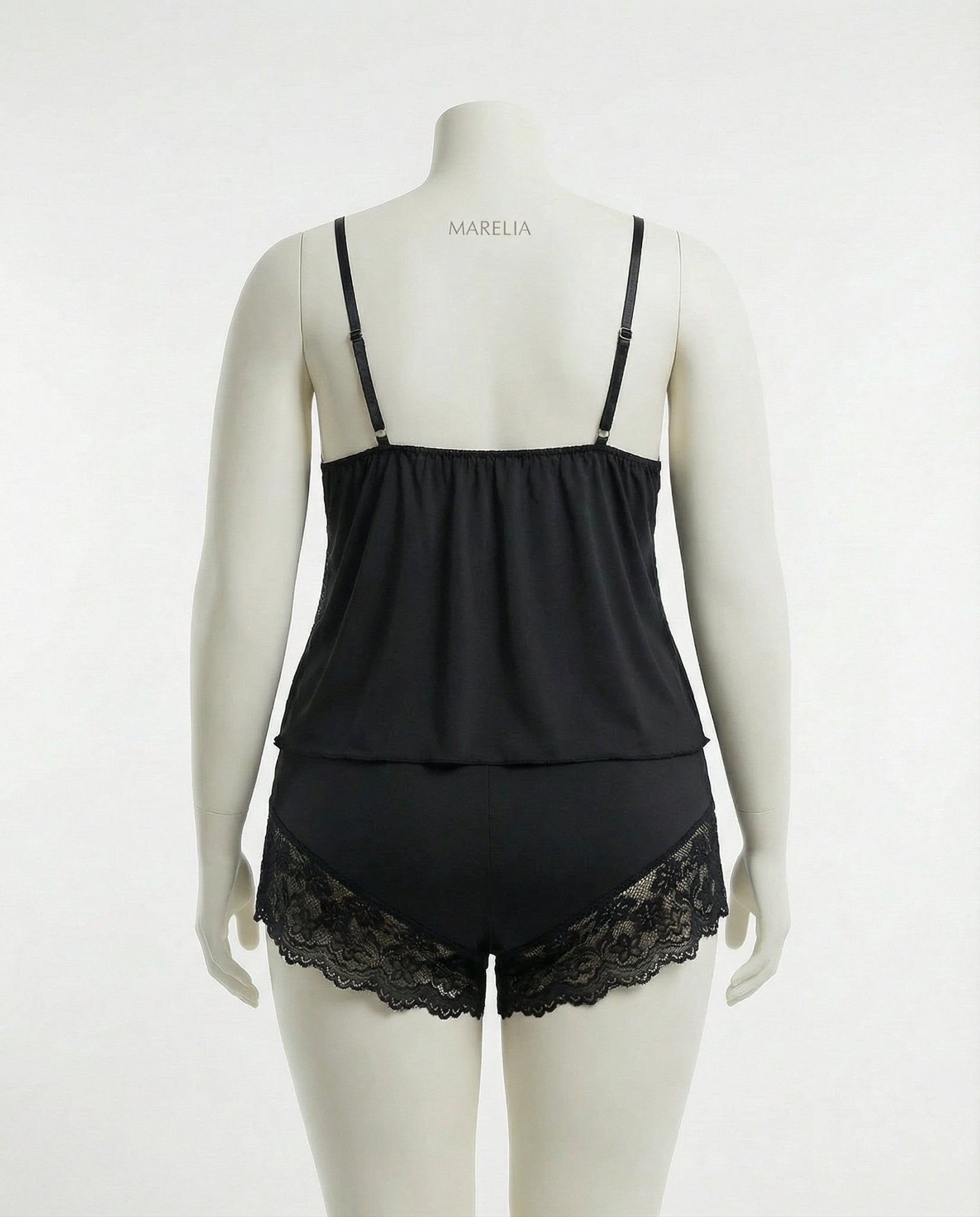 Black Plus Size Lace Trim Camisole And Shorts Set - Marelia
