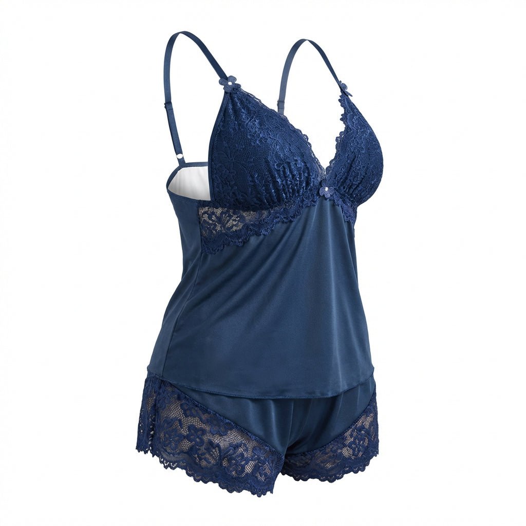 Navy Plus Size Lace Trim Camisole And Shorts Set - Marelia
