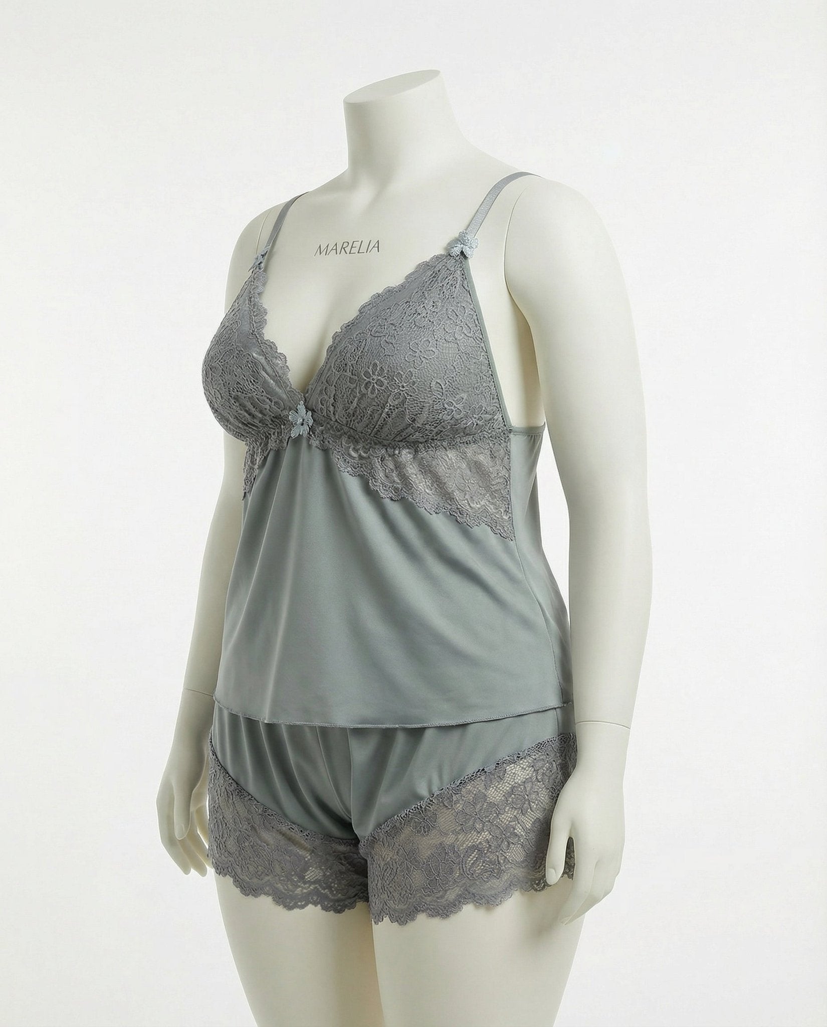 Grey Plus Size Lace Trim Camisole And Shorts Set - Marelia