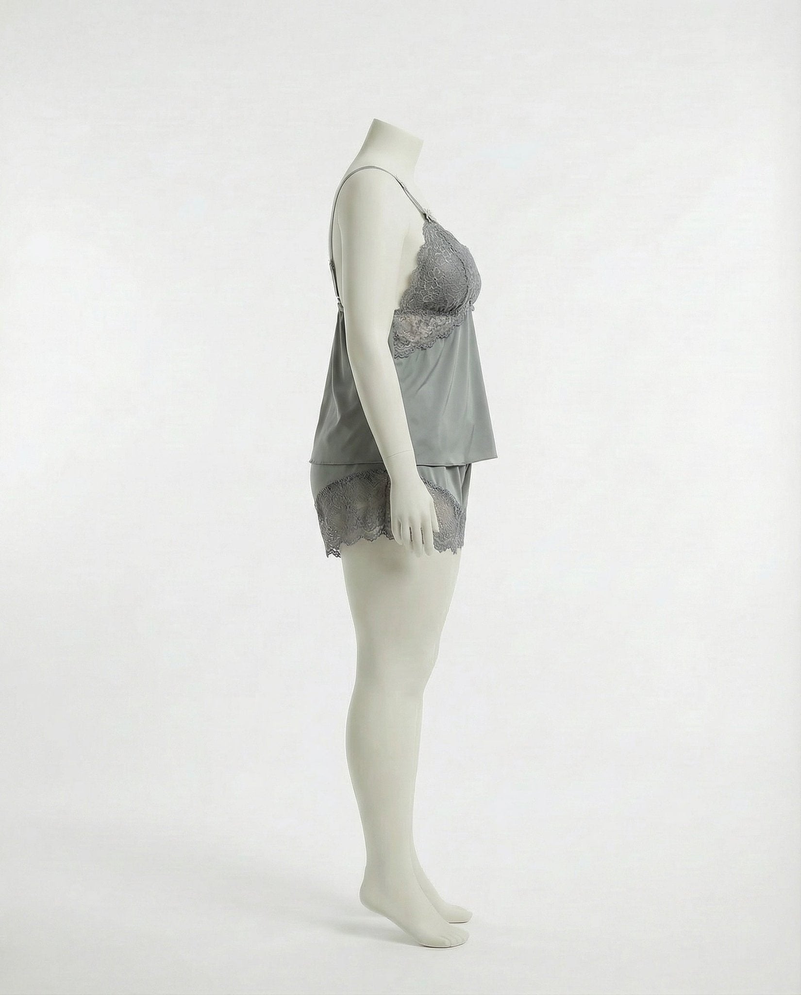 Grey Plus Size Lace Trim Camisole And Shorts Set - Marelia