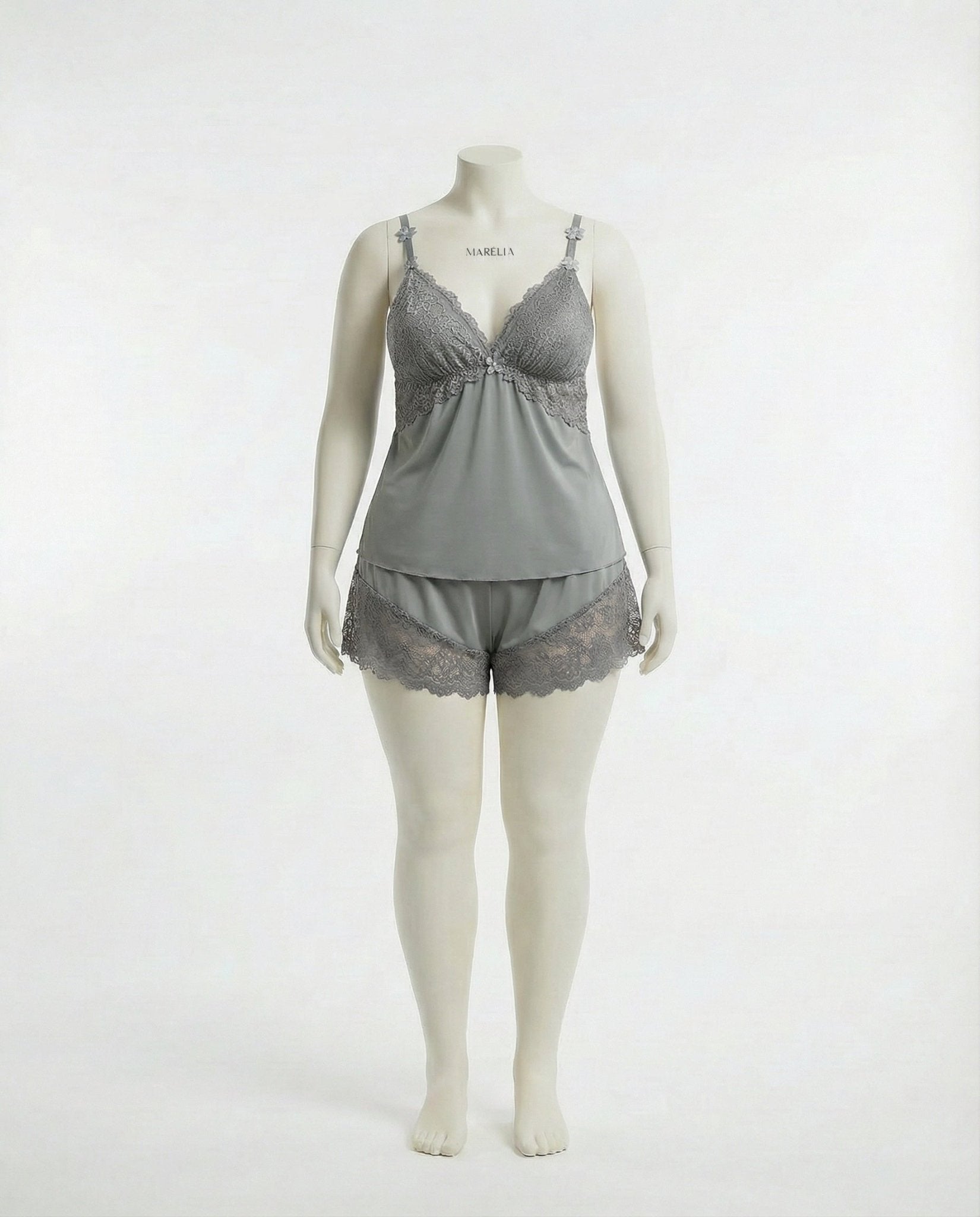 Grey Plus Size Lace Trim Camisole And Shorts Set - Marelia