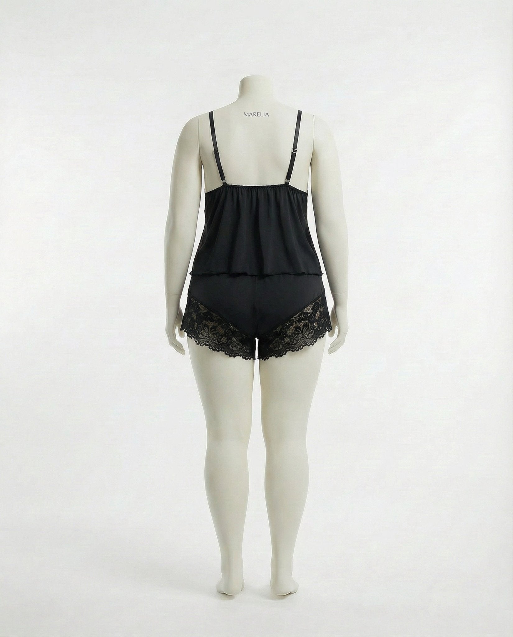 Black Plus Size Lace Trim Camisole And Shorts Set - Marelia