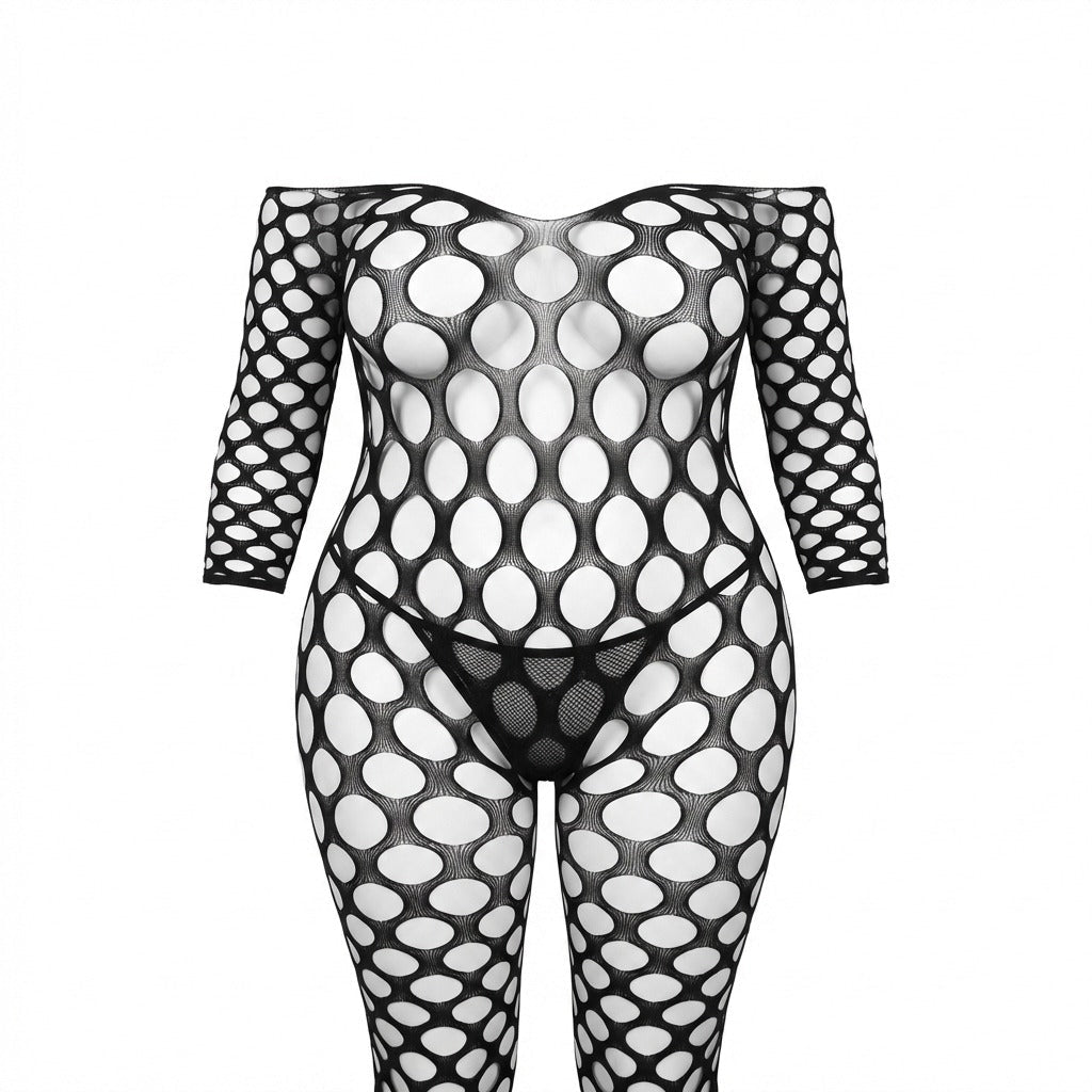Black Plus Size Open Cup Net Crotchless Bodystocking - MARELIA