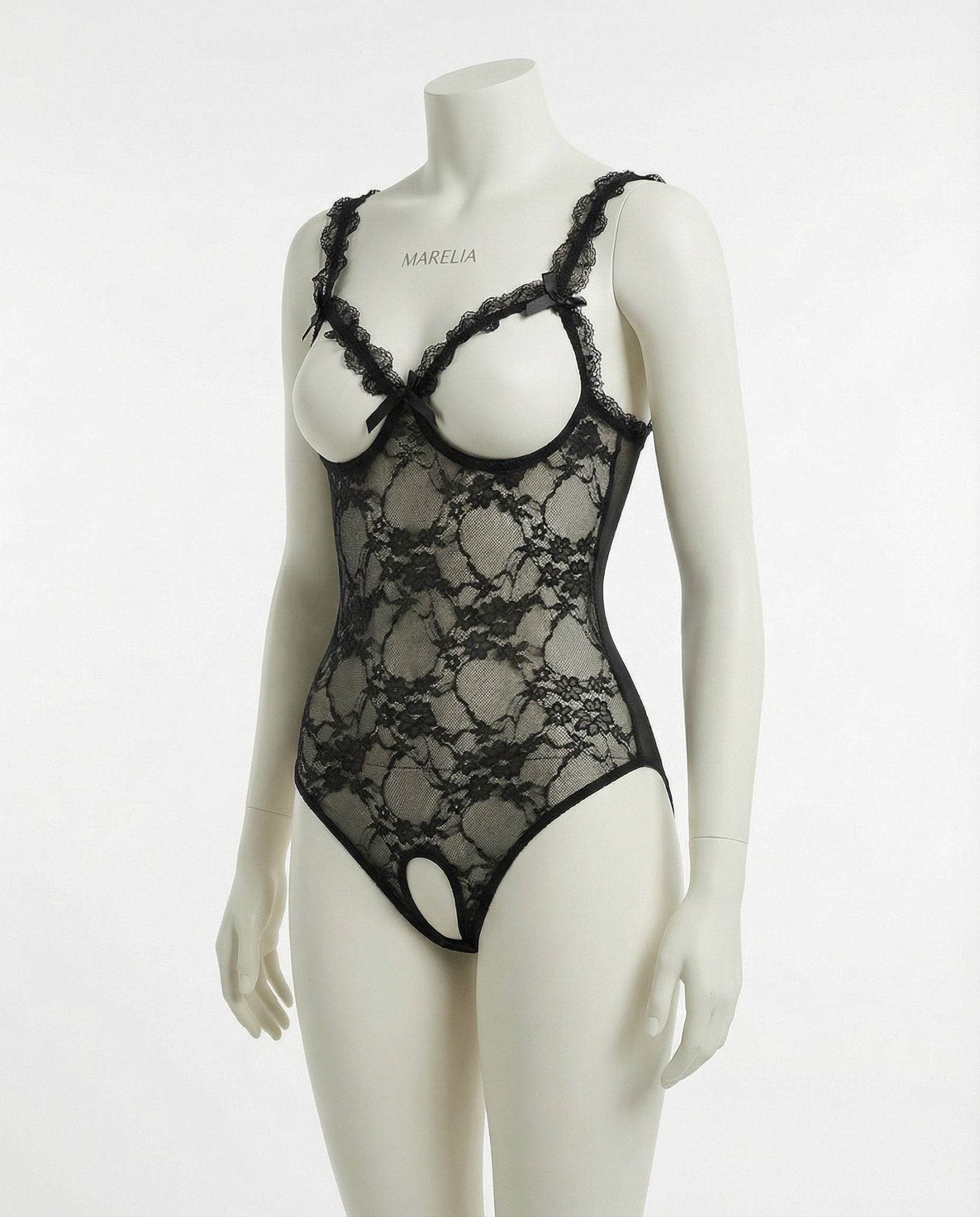 Black Plus Size Ruffle Lace Open Cup Crotchless Bodysuit - MARELIA