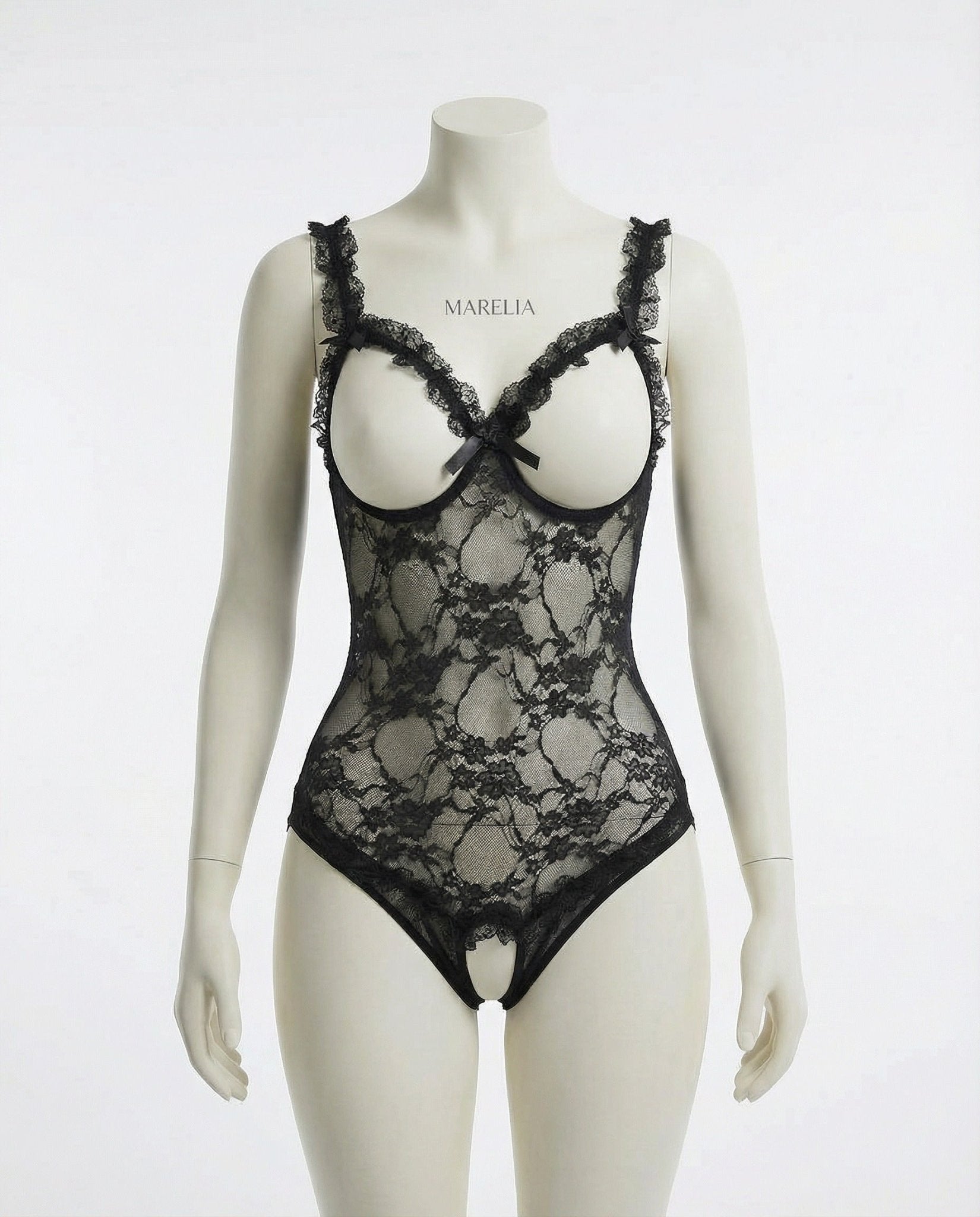Black Plus Size Ruffle Lace Open Cup Crotchless Bodysuit - MARELIA