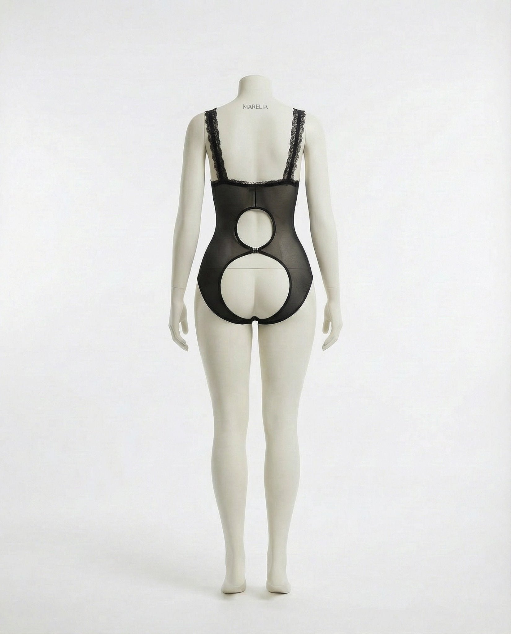 Black Plus Size Ruffle Lace Open Cup Crotchless Bodysuit - MARELIA