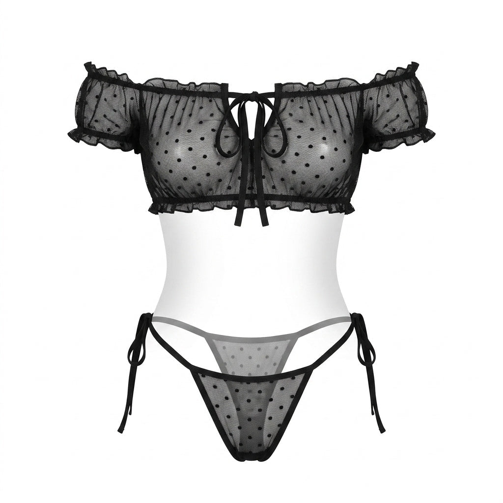 Baby Blue Polka Dot Mesh Off Shoulder Lingerie Set - MARELIA