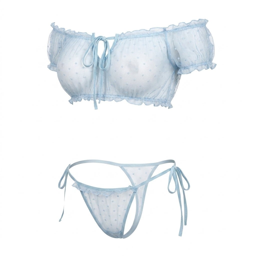 Baby Blue Polka Dot Mesh Off Shoulder Lingerie Set - MARELIA