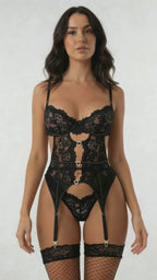 Lace Bra Suspender Belt Brief And Stockings Set