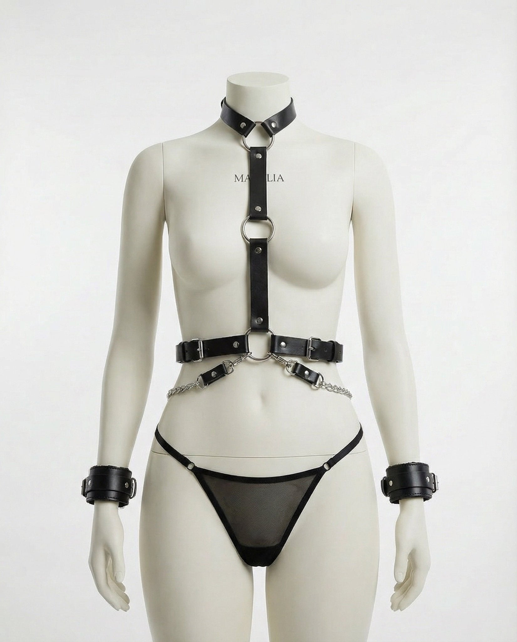 Black PU Leather Open Cup Body Harness With Cuffs - MARELIA