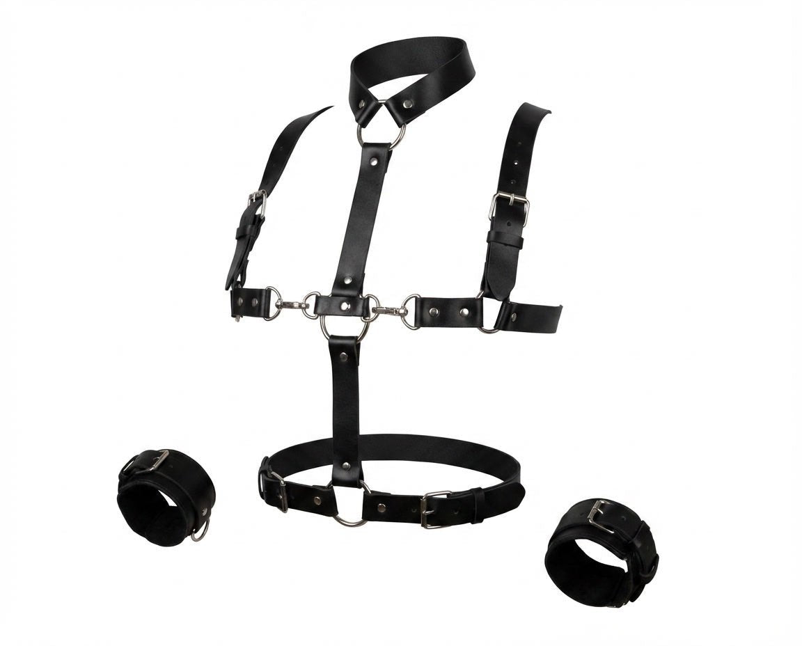 Black PU Leather Open Cup Body Harness With Cuffs - MARELIA