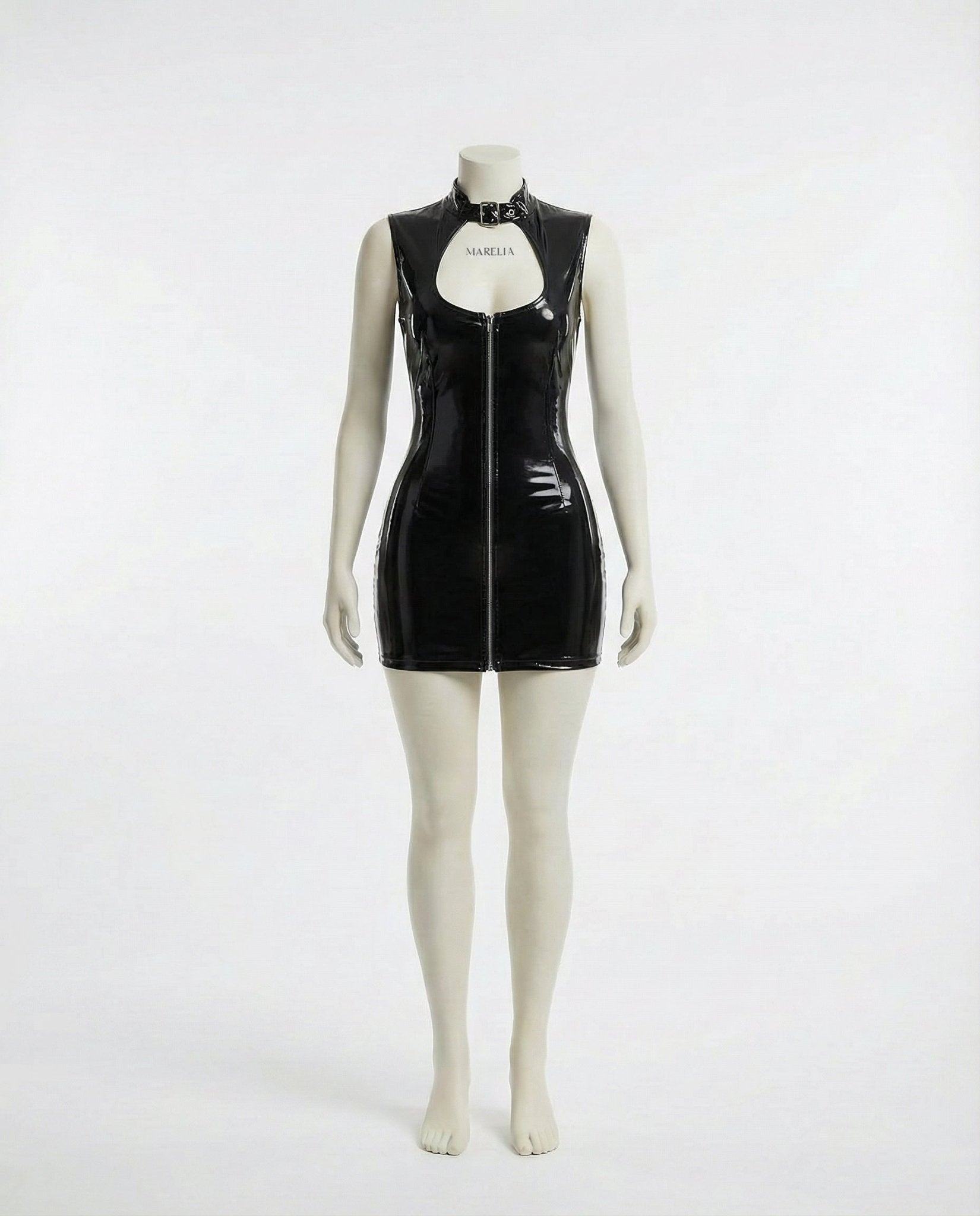 Black PVC High Neck Mini Dress With Front Zip - Marelia