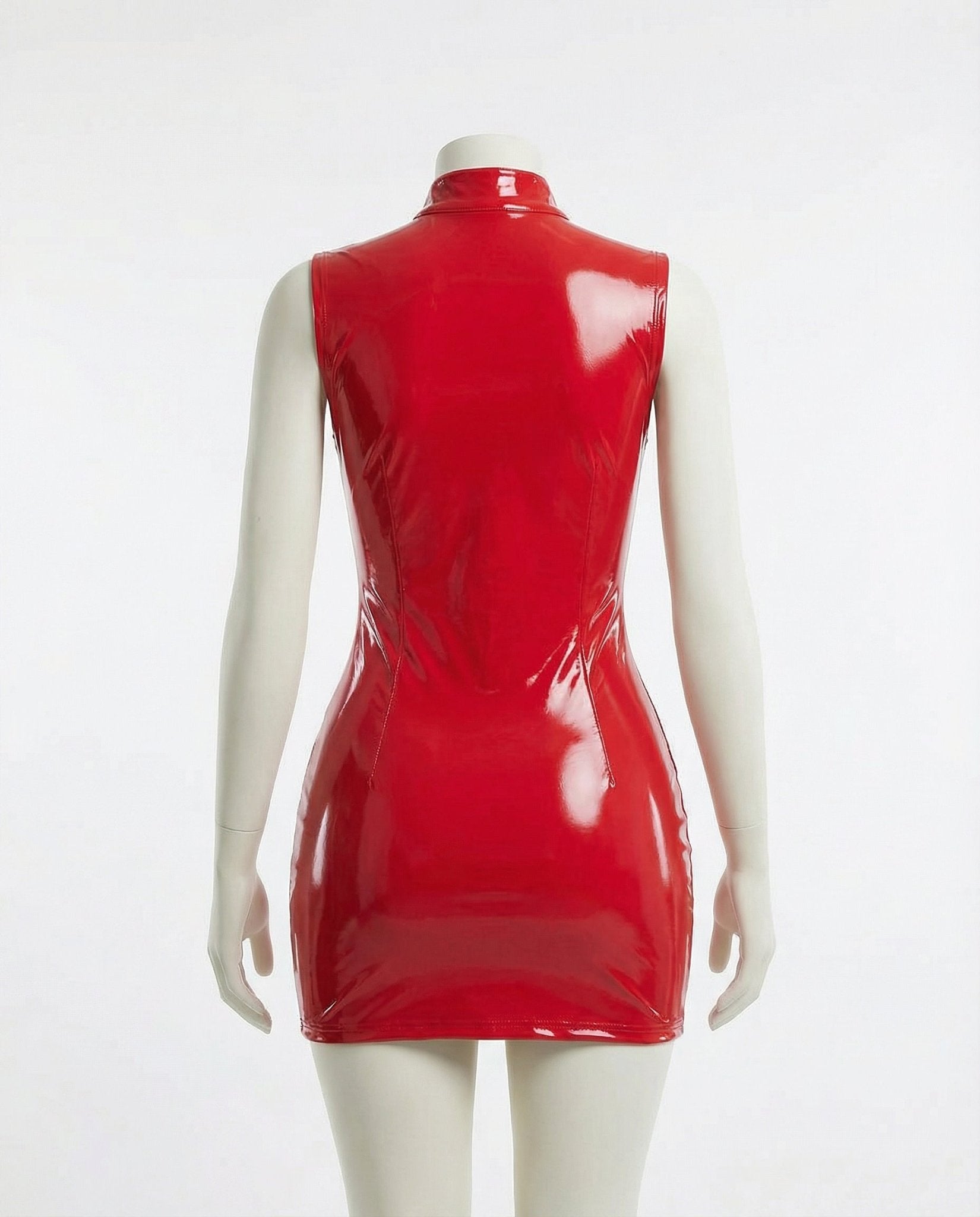 Red PVC High Neck Mini Dress With Front Zip - Marelia