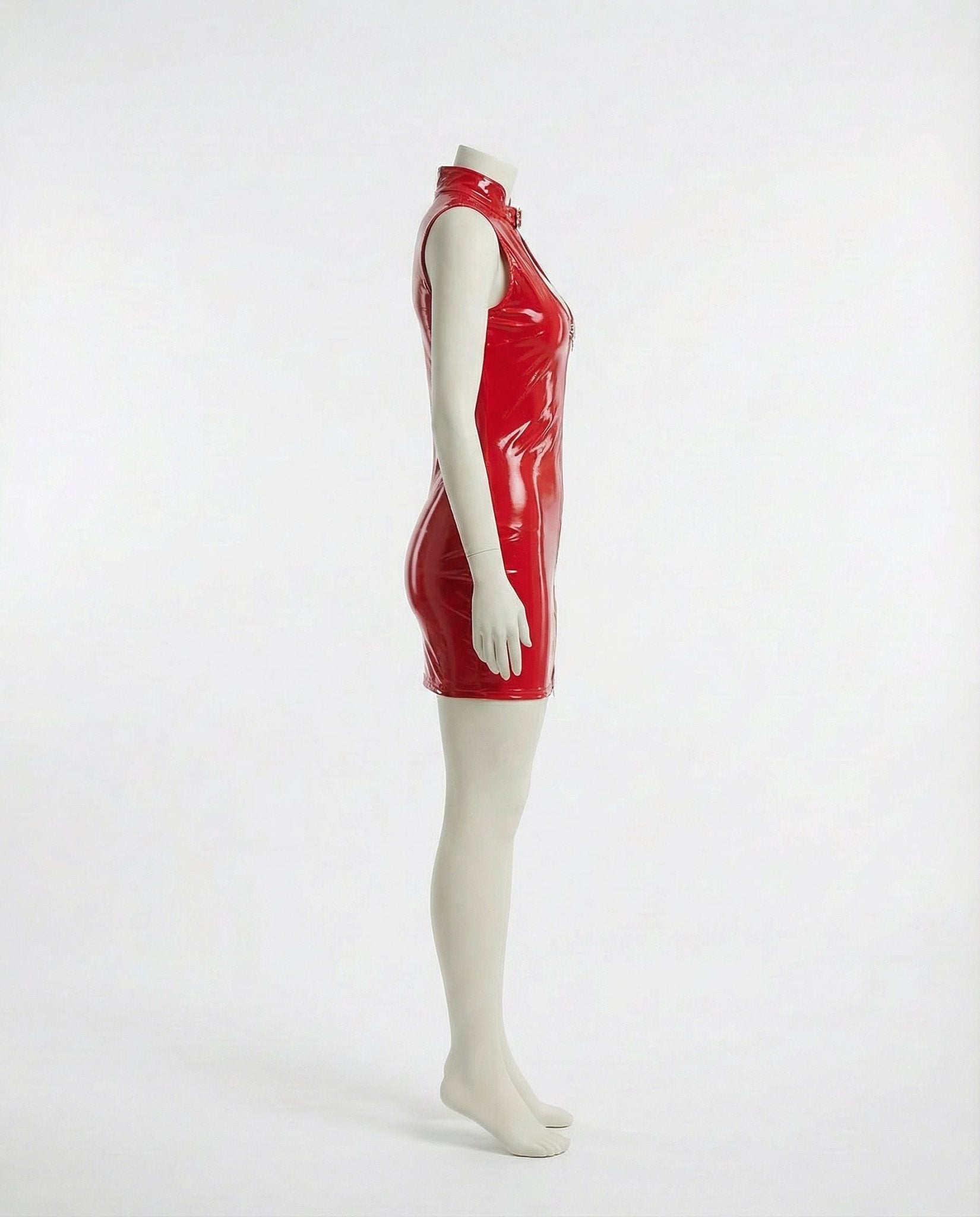 Red PVC High Neck Mini Dress With Front Zip - Marelia