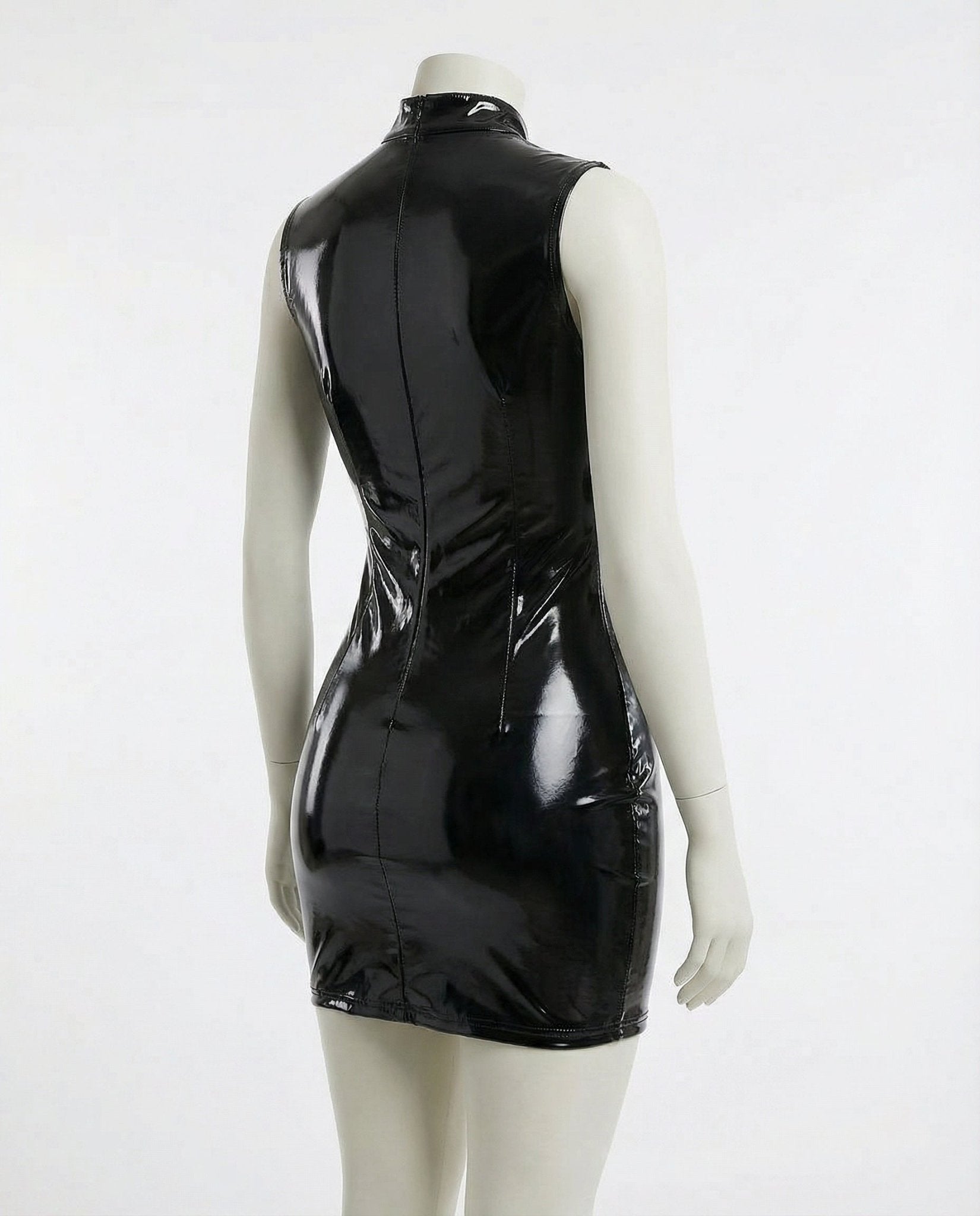 Black PVC High Neck Mini Dress With Front Zip - Marelia