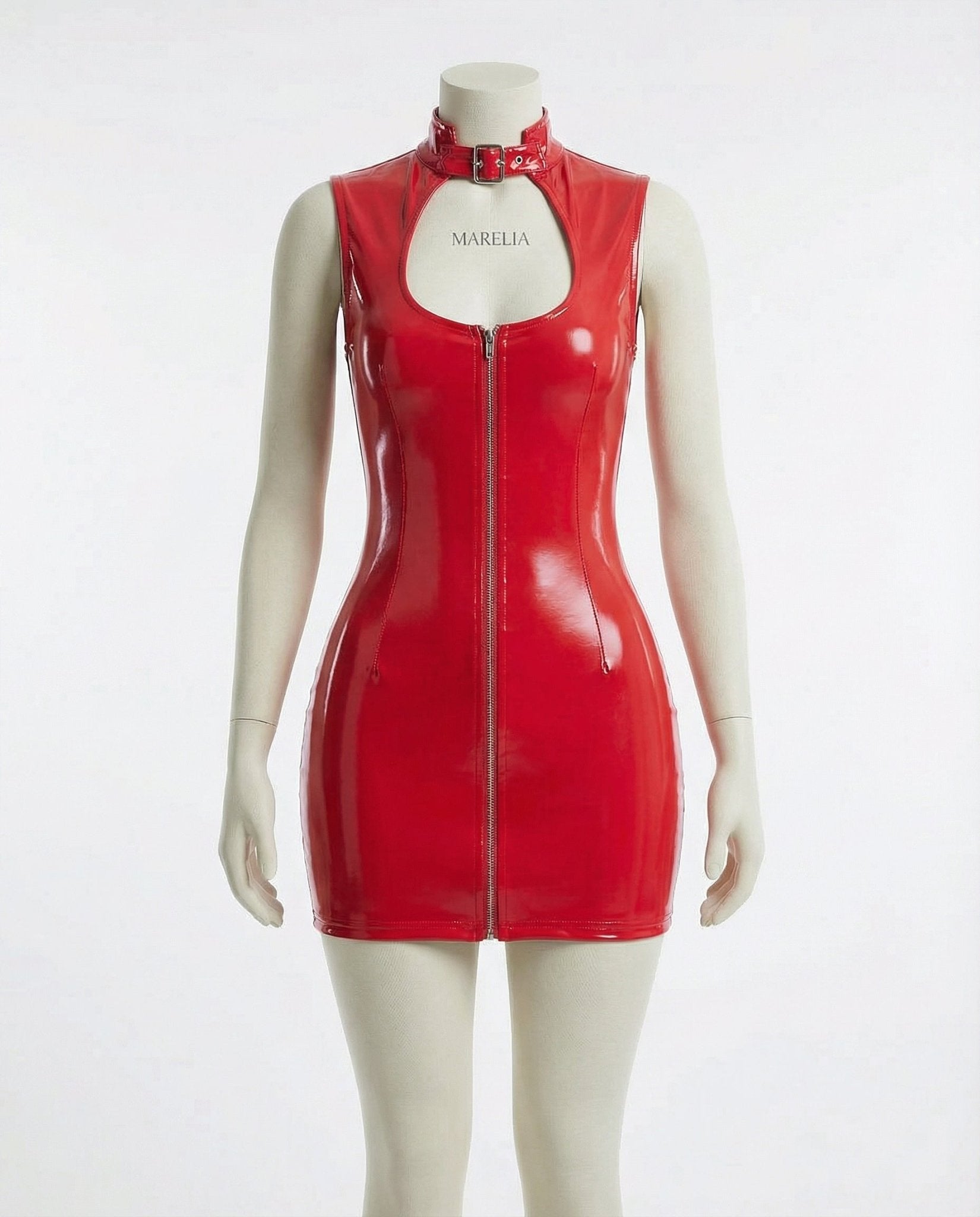 Red PVC High Neck Mini Dress With Front Zip - Marelia