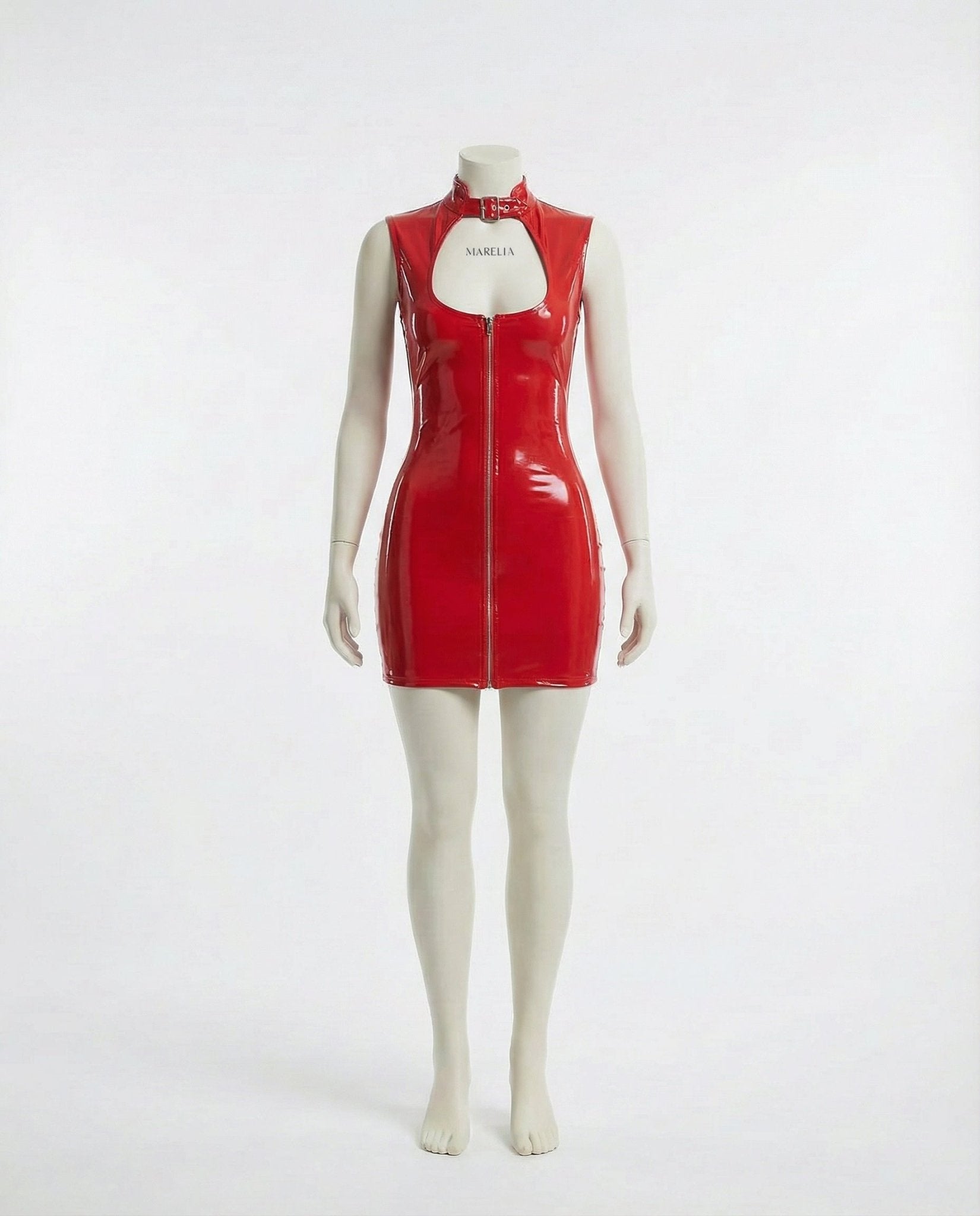 Red PVC High Neck Mini Dress With Front Zip - Marelia
