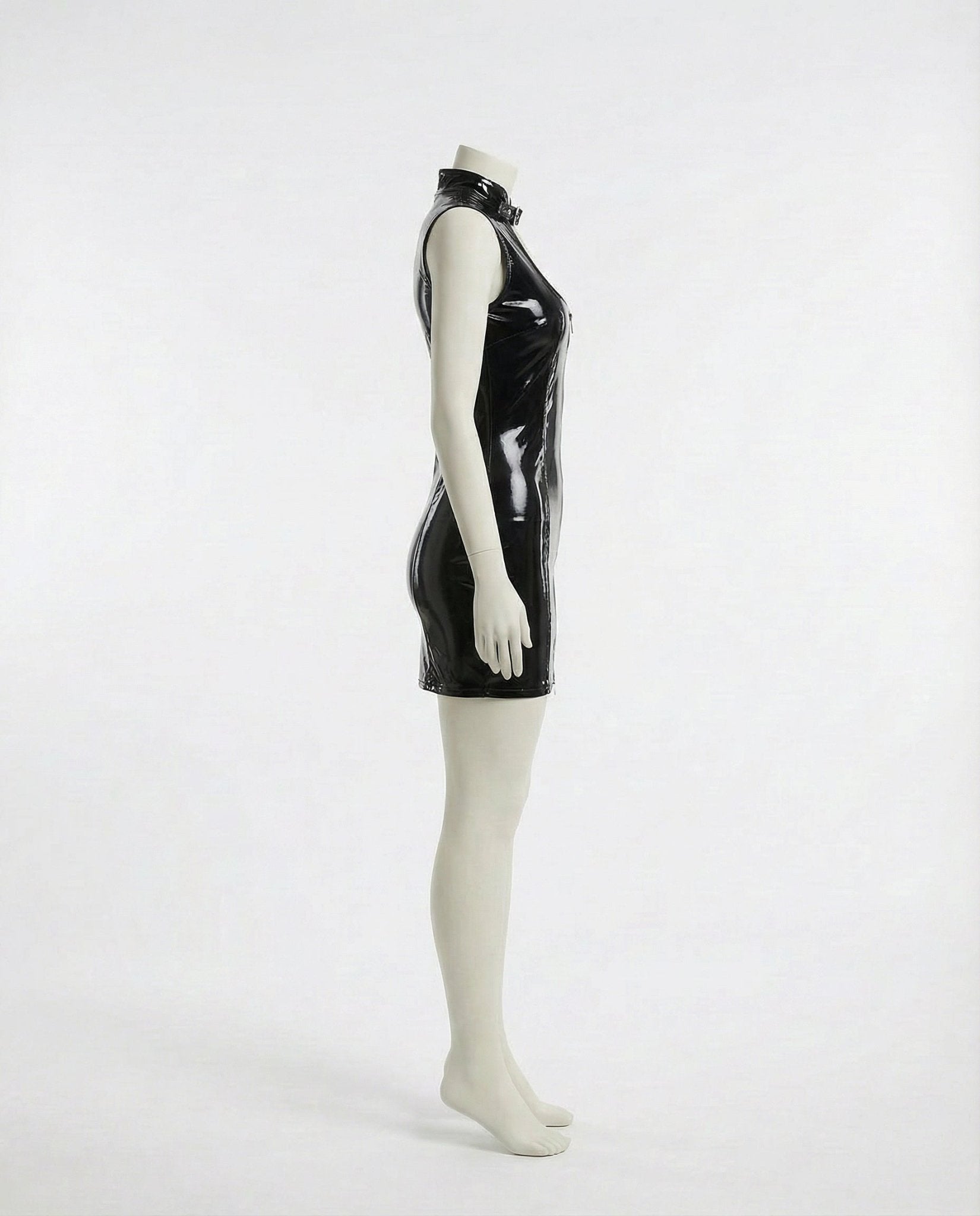 Black PVC High Neck Mini Dress With Front Zip - Marelia