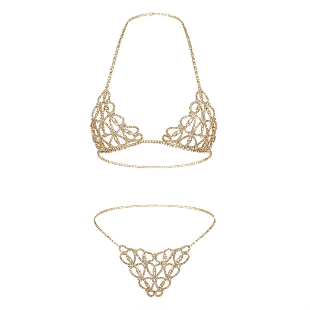 Gold Rhinestone Chain Open Cup Lingerie Set - MARELIA